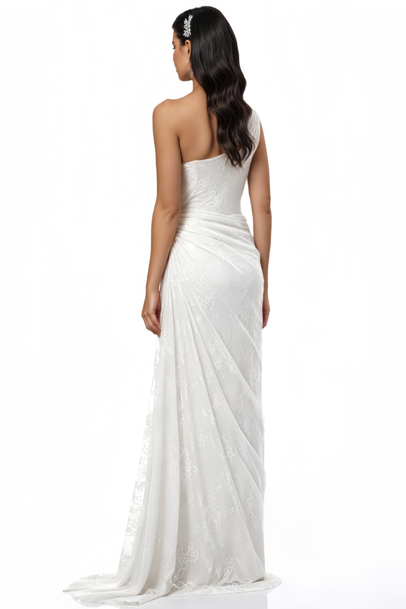Ravri White One Shoulder Lace Maxi Gown