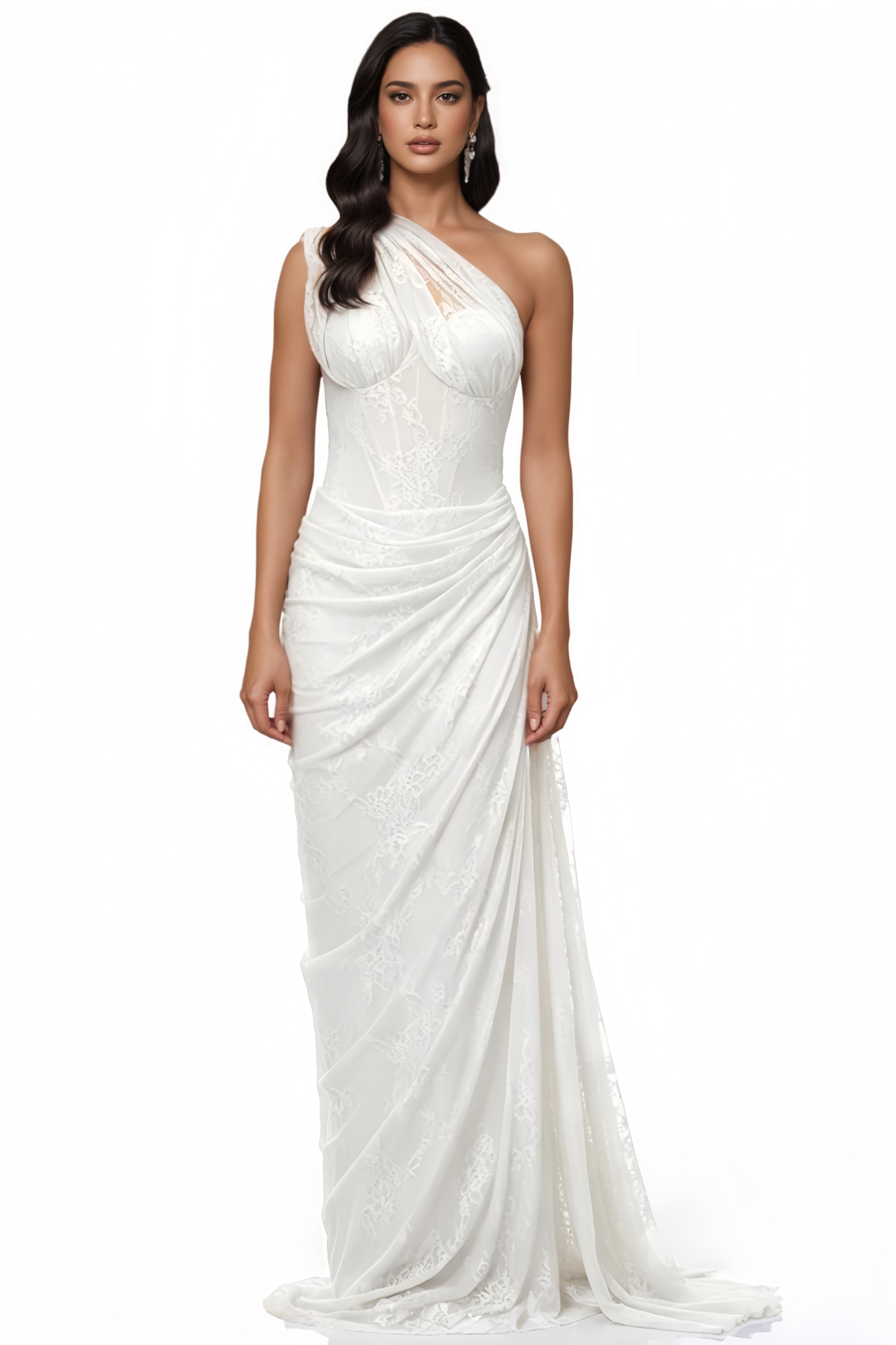 Ravri White One Shoulder Lace Maxi Gown