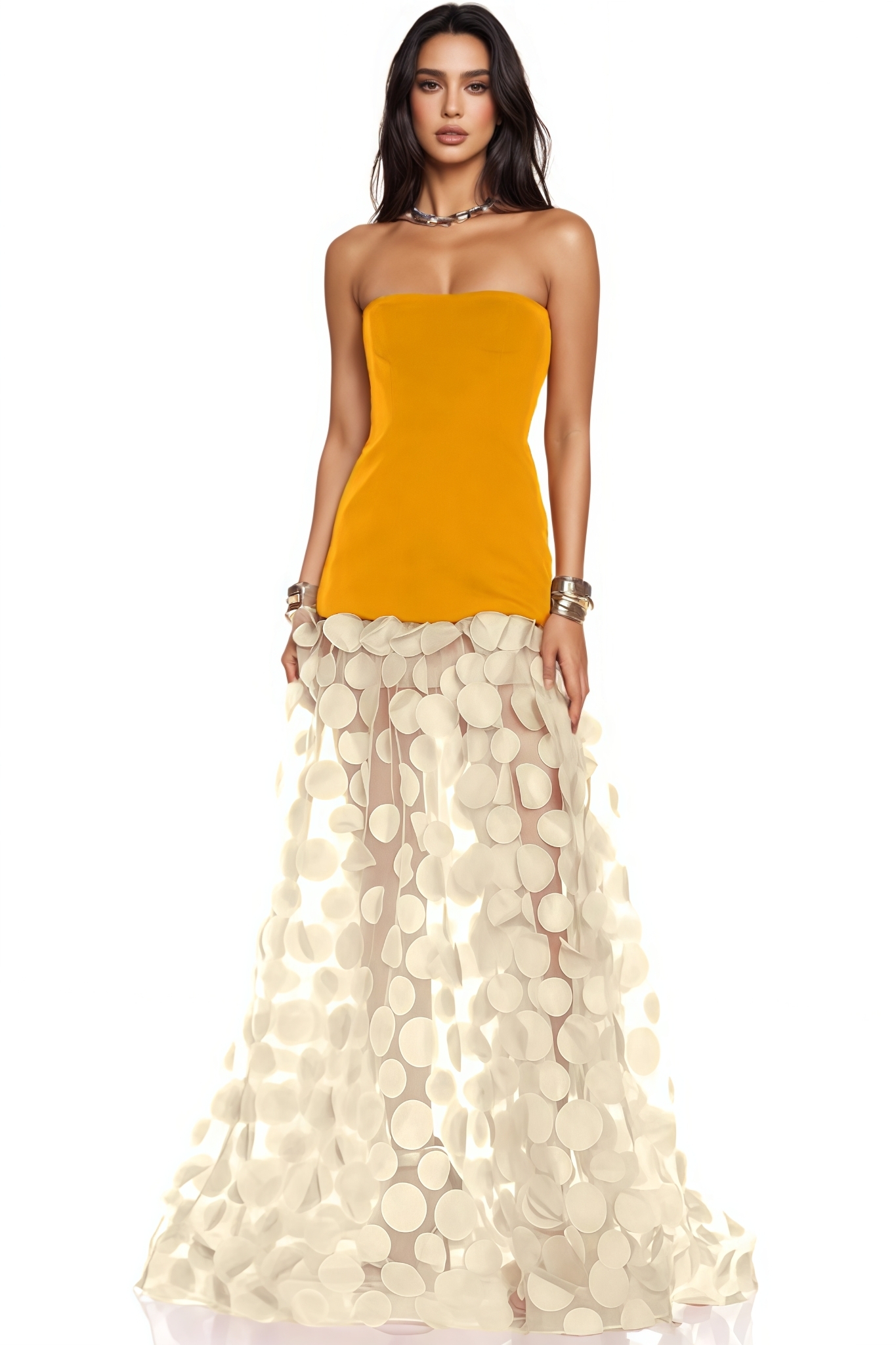 Emery Orange Polka Dot Mesh Maxi Dress