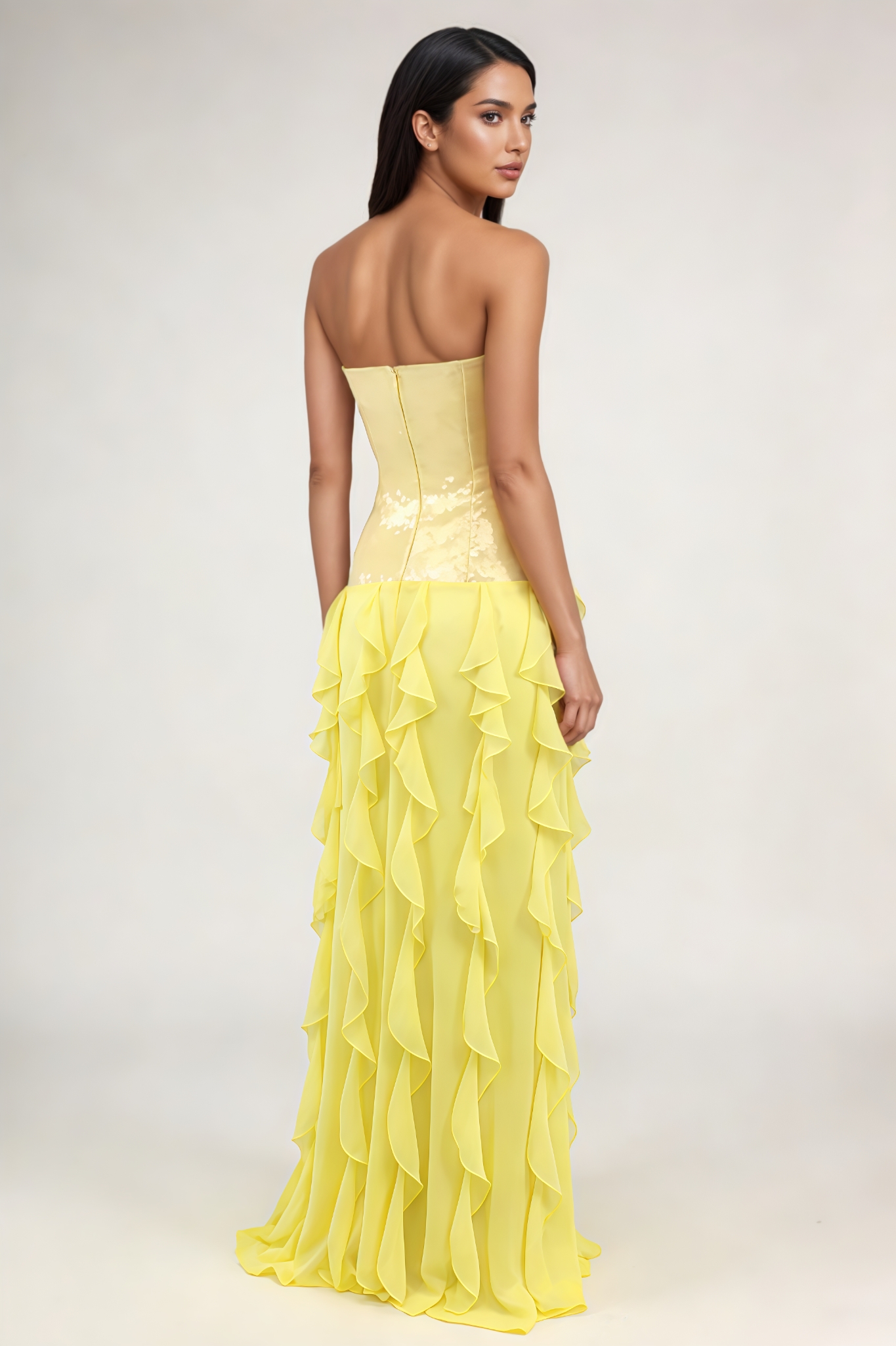 Faelly Yellow Strapless Sequin Ruffle Maxi Dress