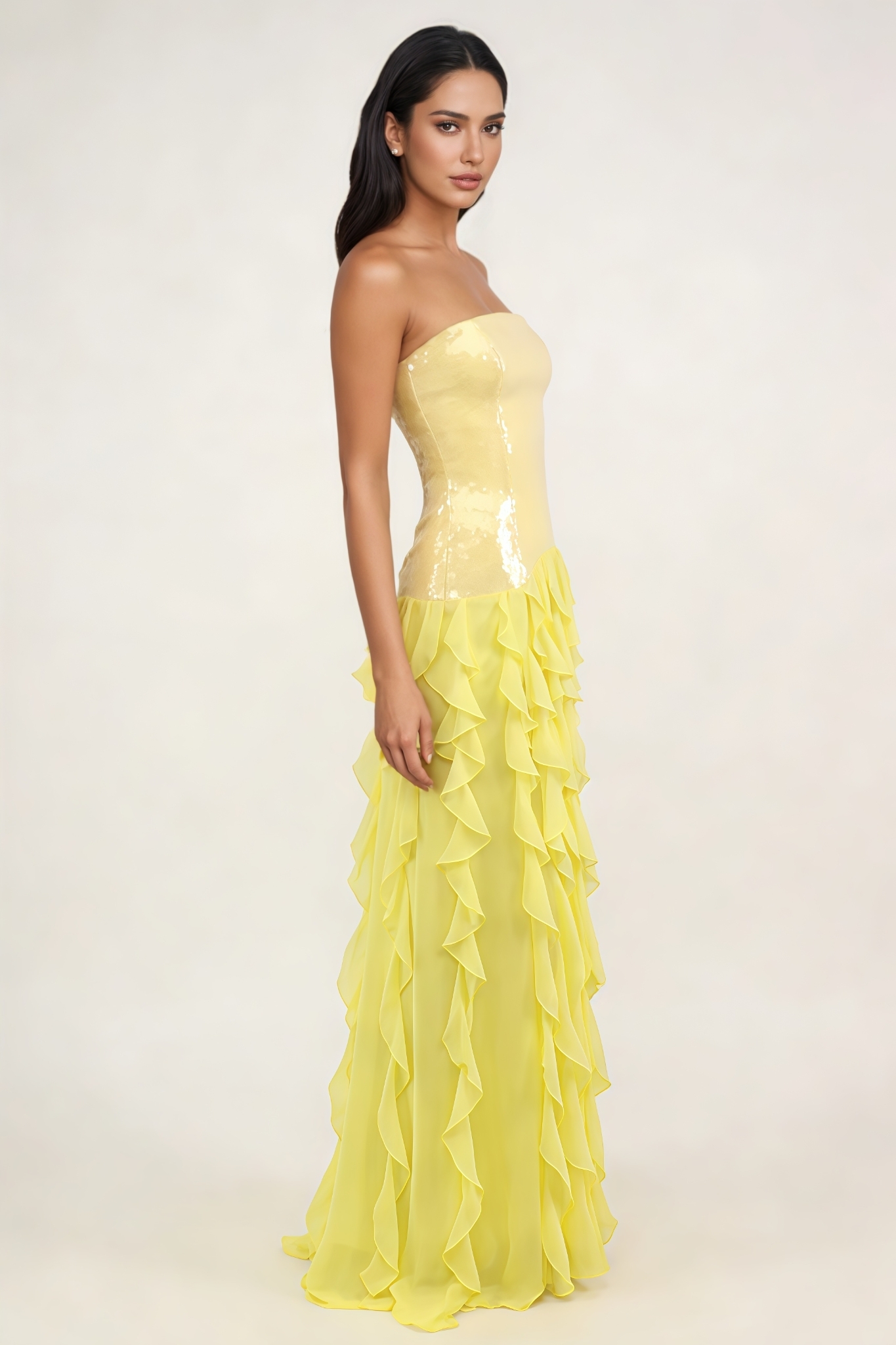 Faelly Yellow Strapless Sequin Ruffle Maxi Dress