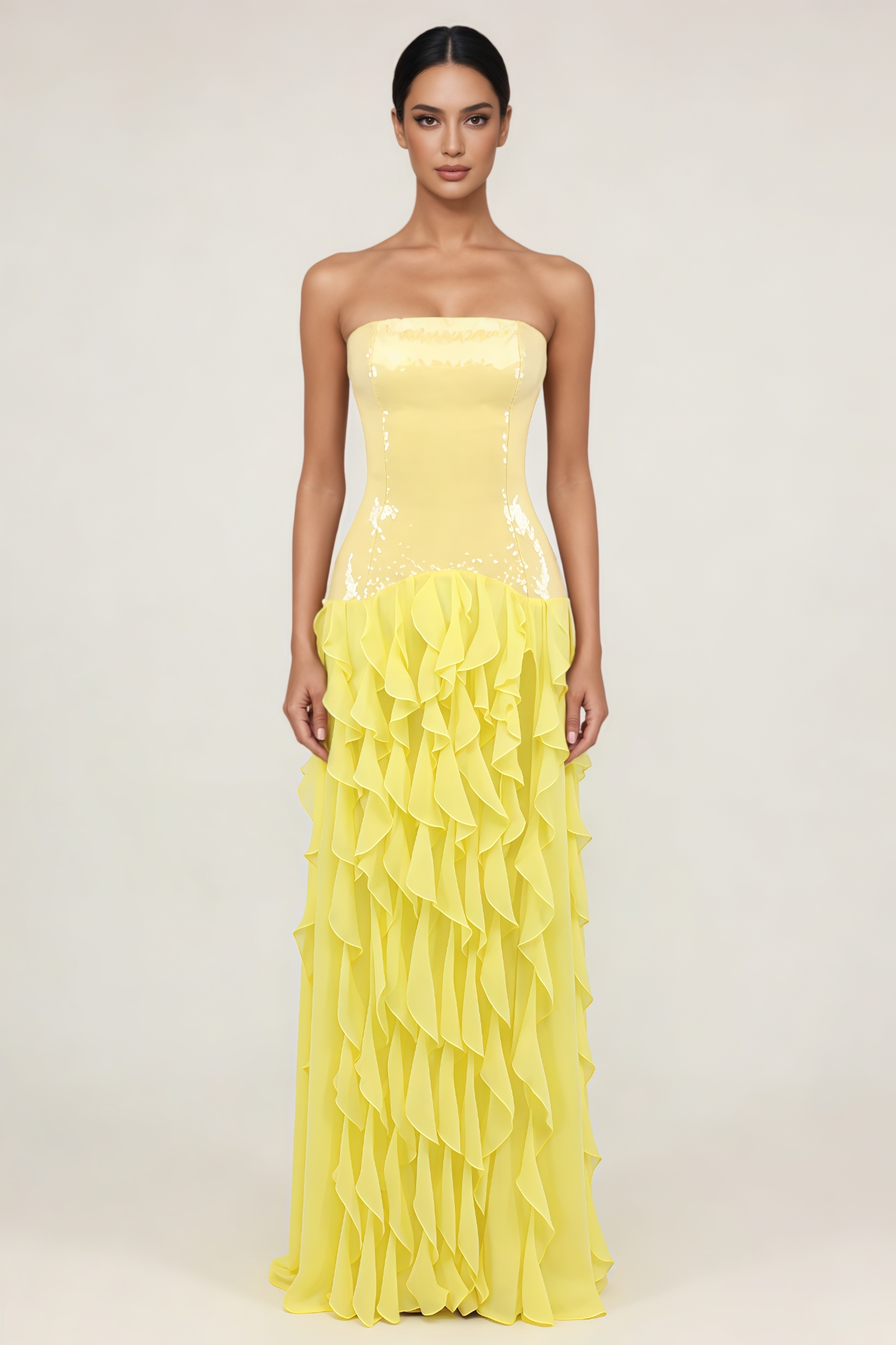 Faelly Yellow Strapless Sequin Ruffle Maxi Dress