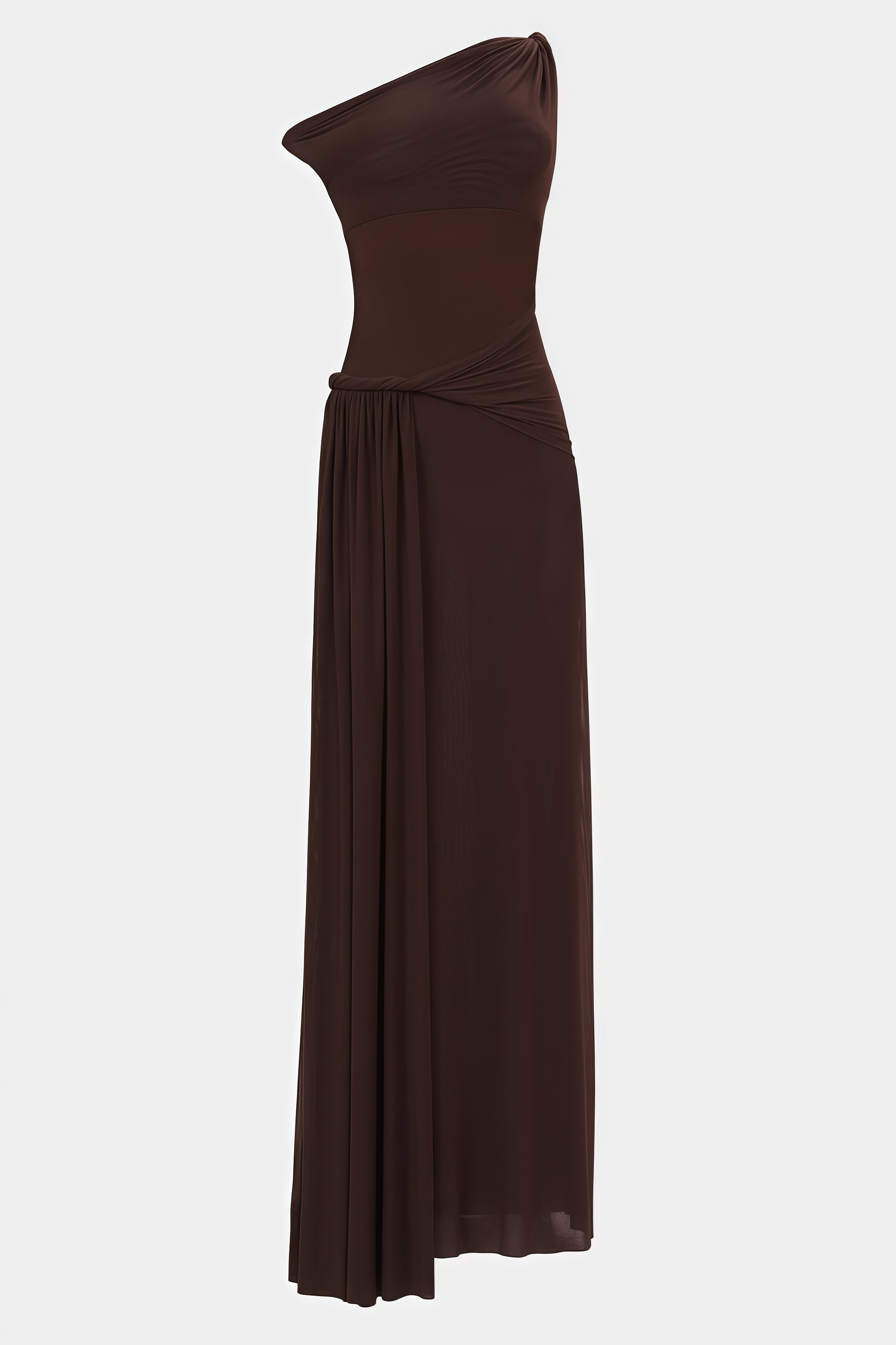 Koydan Brown Ruched Mesh Maxi Dress