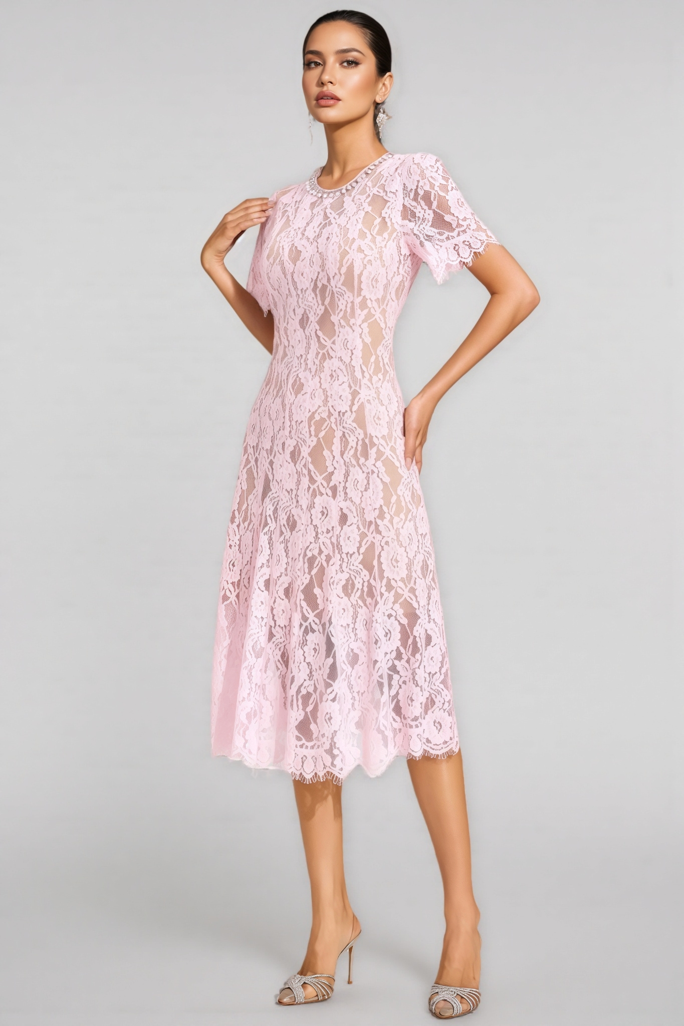 Nelia Pink Cut Out Lace Midi Dress