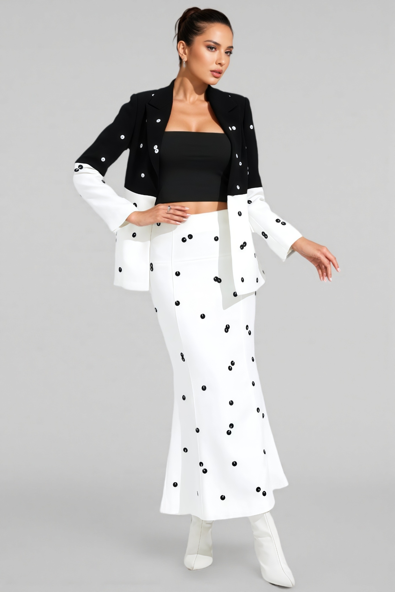 Amalia White Polka Dot Sequins Blazer Set
