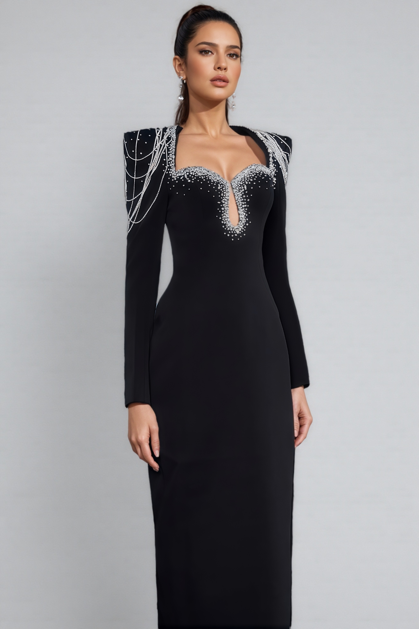 Orinlt Black Crystal Strings Cut-Out Maxi Dress