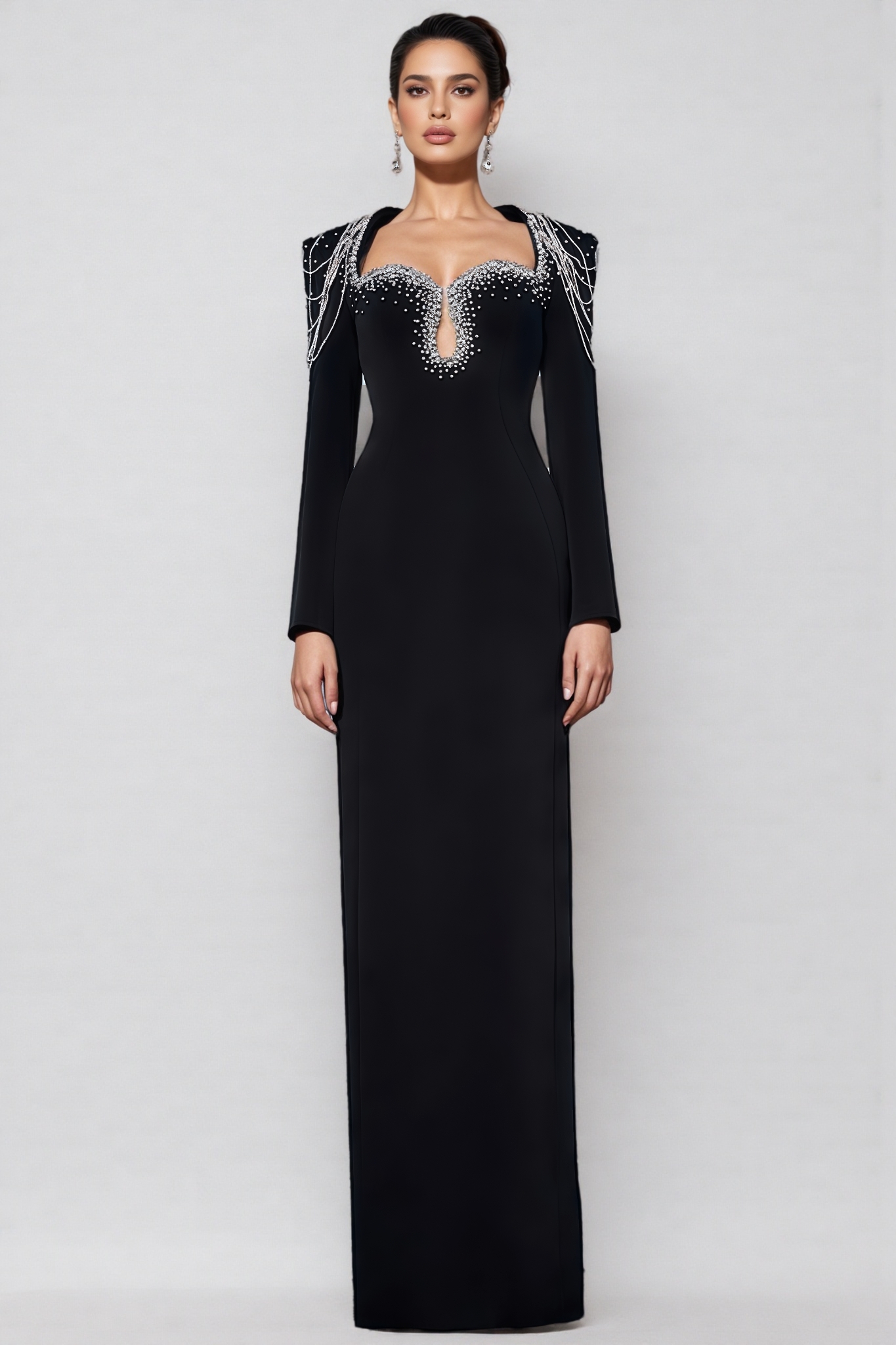 Orinlt Black Crystal Strings Cut-Out Maxi Dress