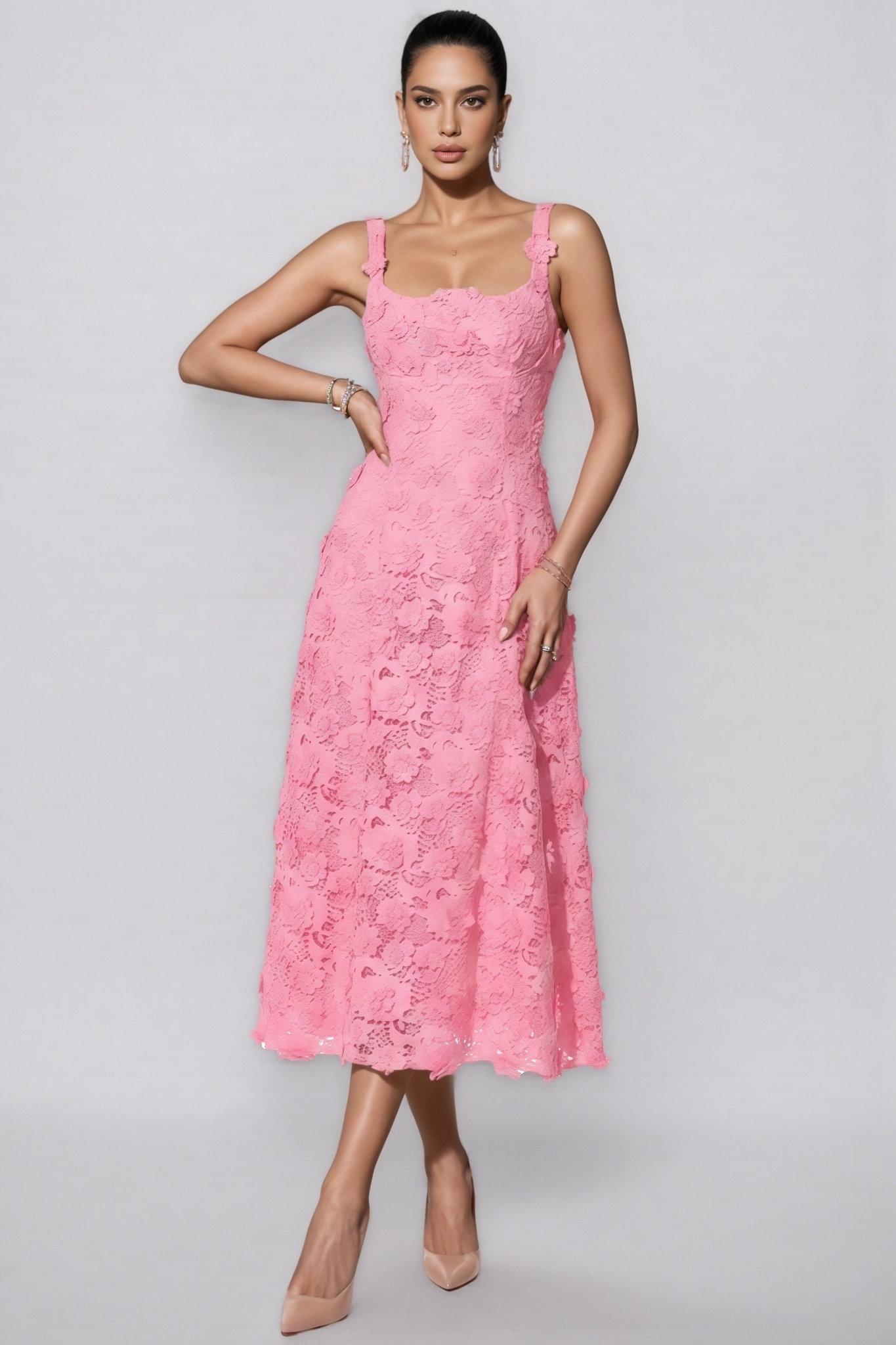 Norigald Pink Halter 3D Flower Midi Dress
