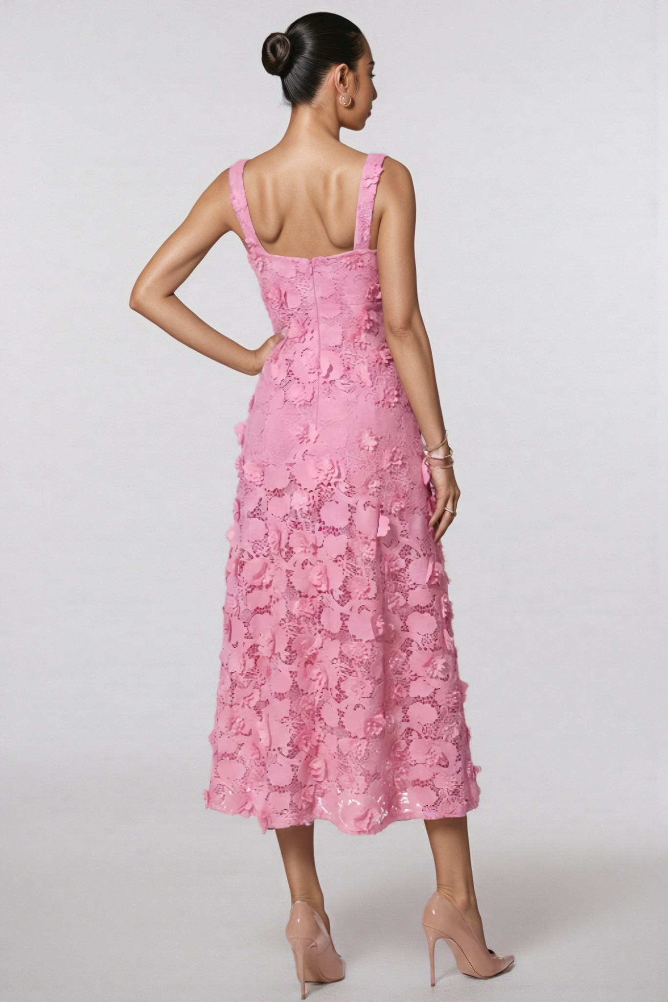 Norigald Pink Halter 3D Flower Midi Dress