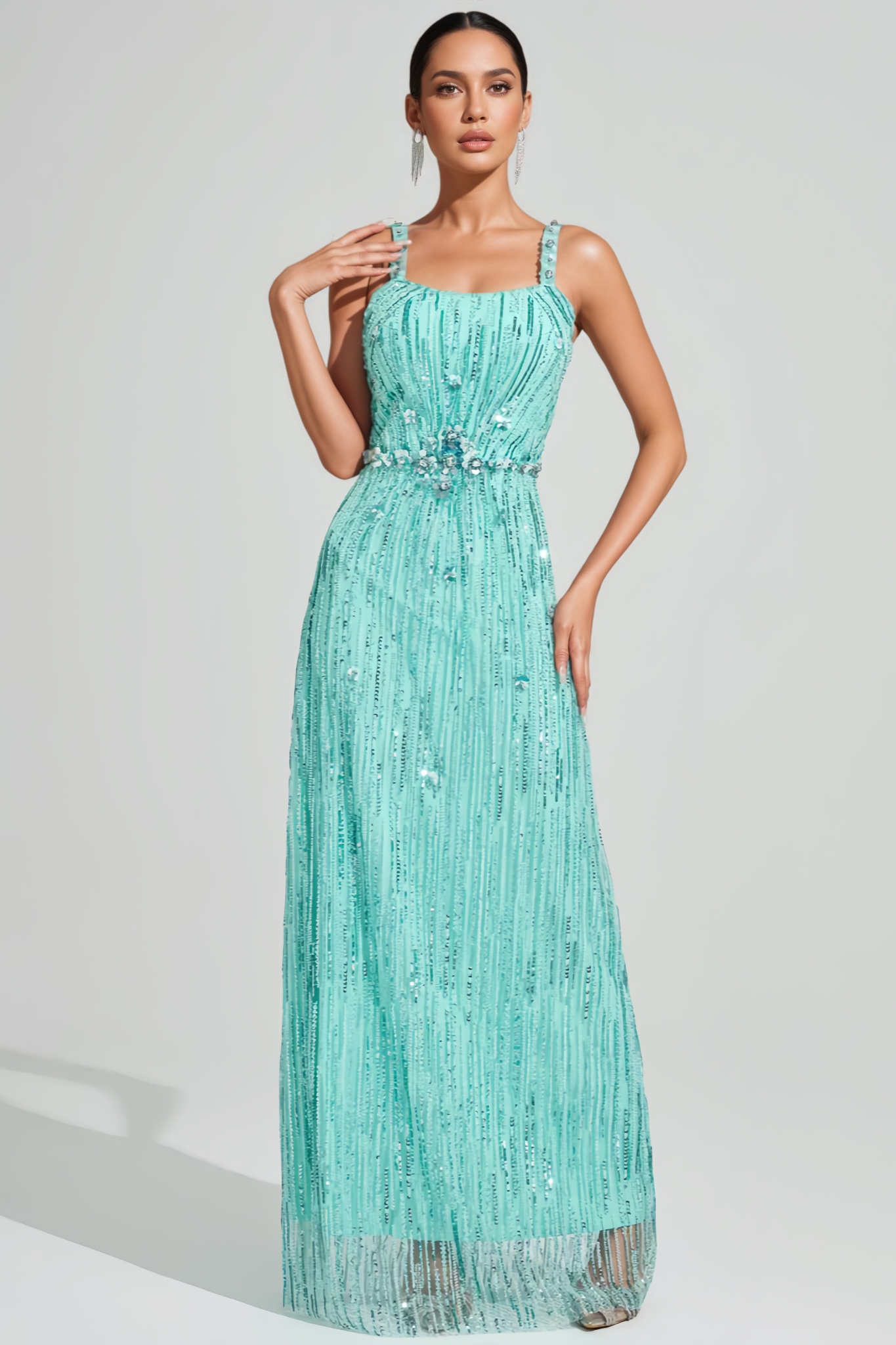 Jrosen Green Halter Sequin Mesh Maxi Dress