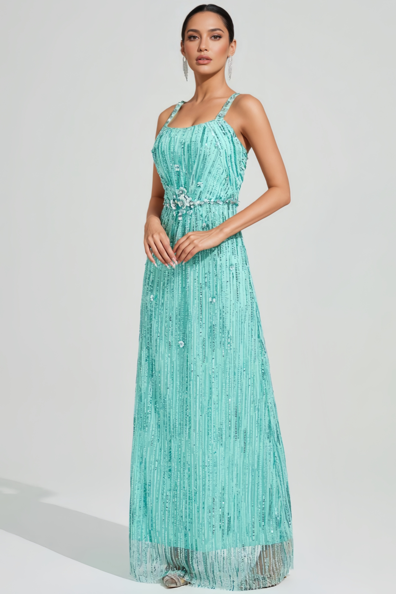Jrosen Green Halter Sequin Mesh Maxi Dress
