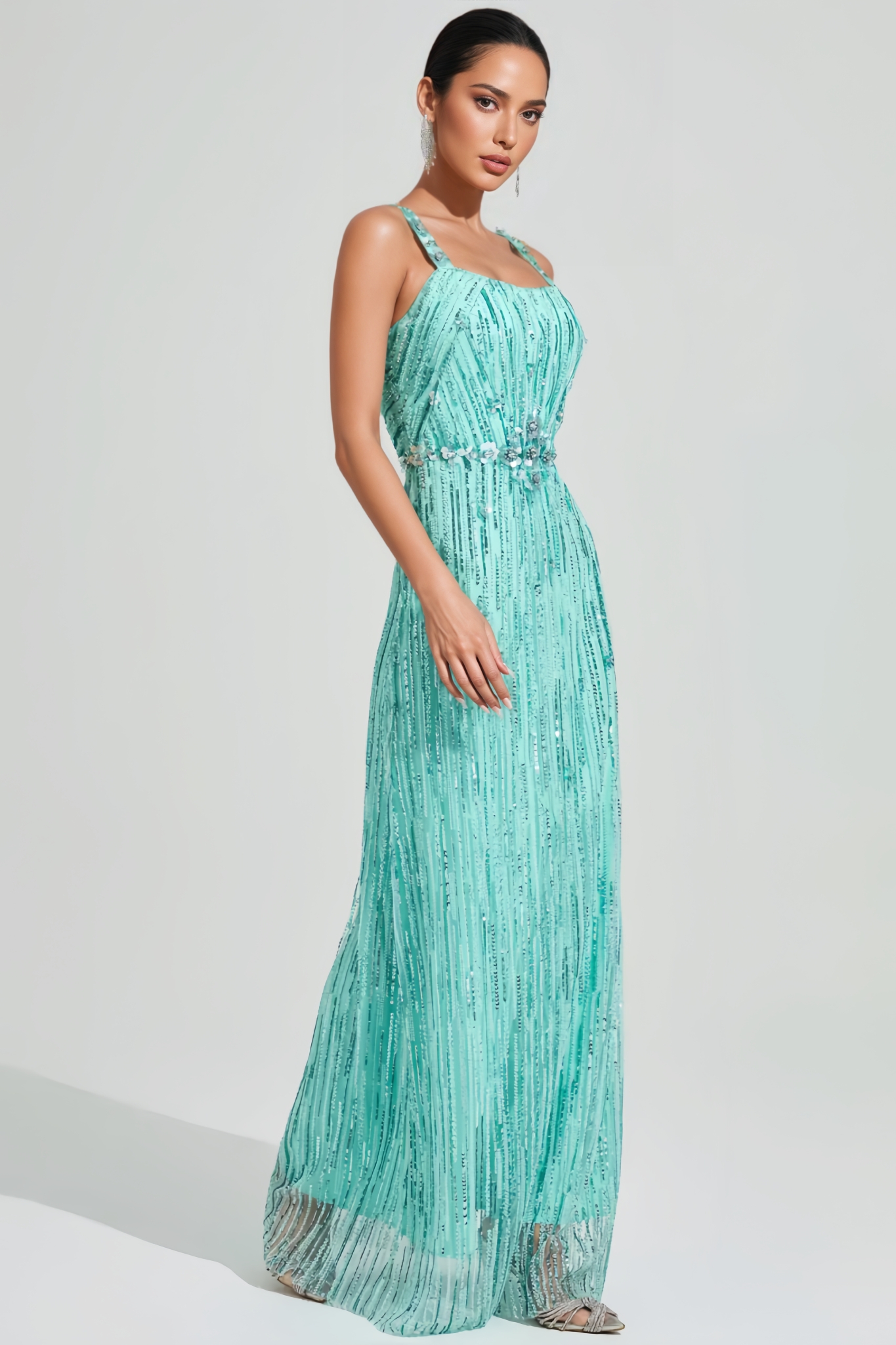 Jrosen Green Halter Sequin Mesh Maxi Dress