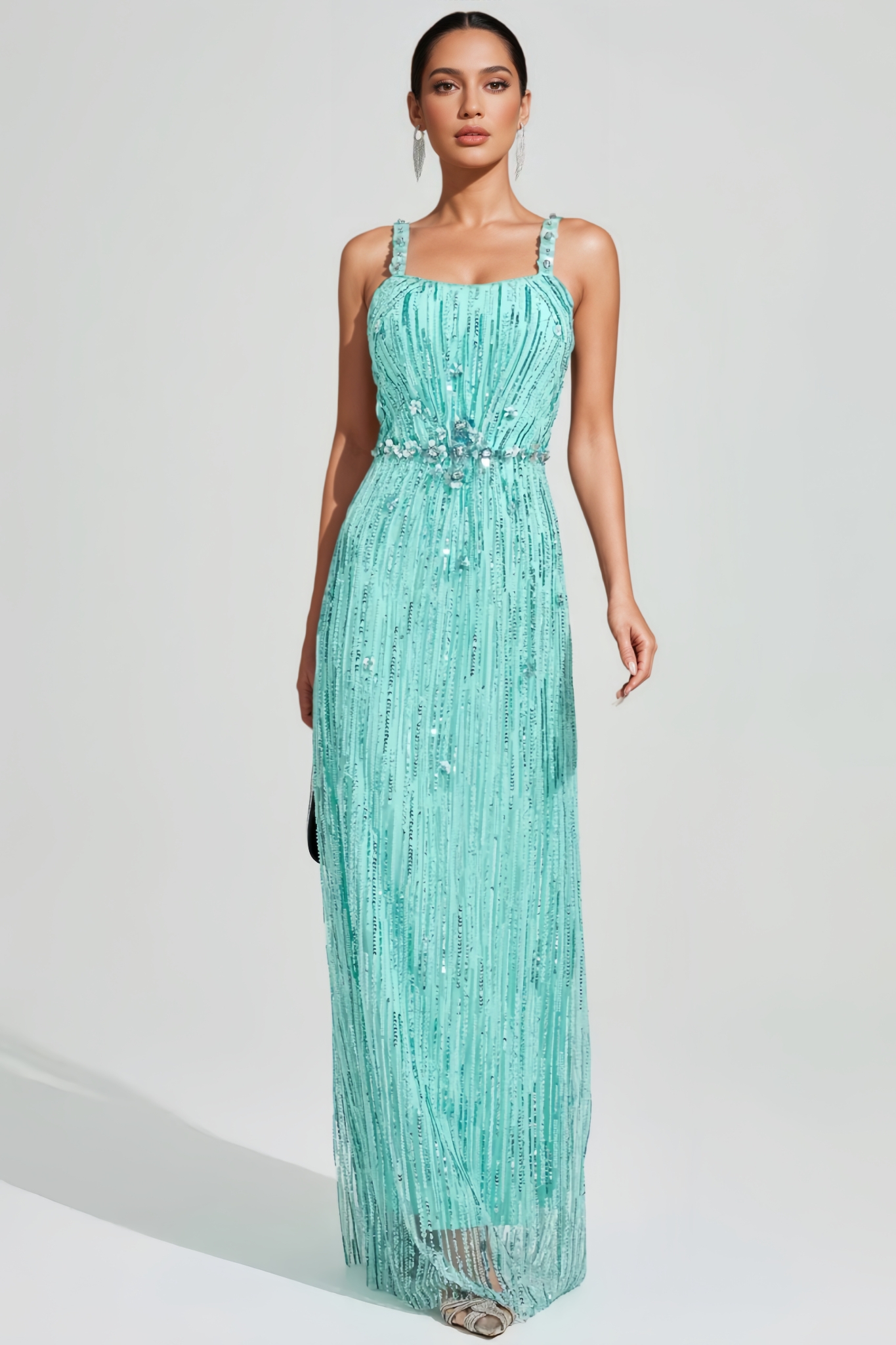Jrosen Green Halter Sequin Mesh Maxi Dress