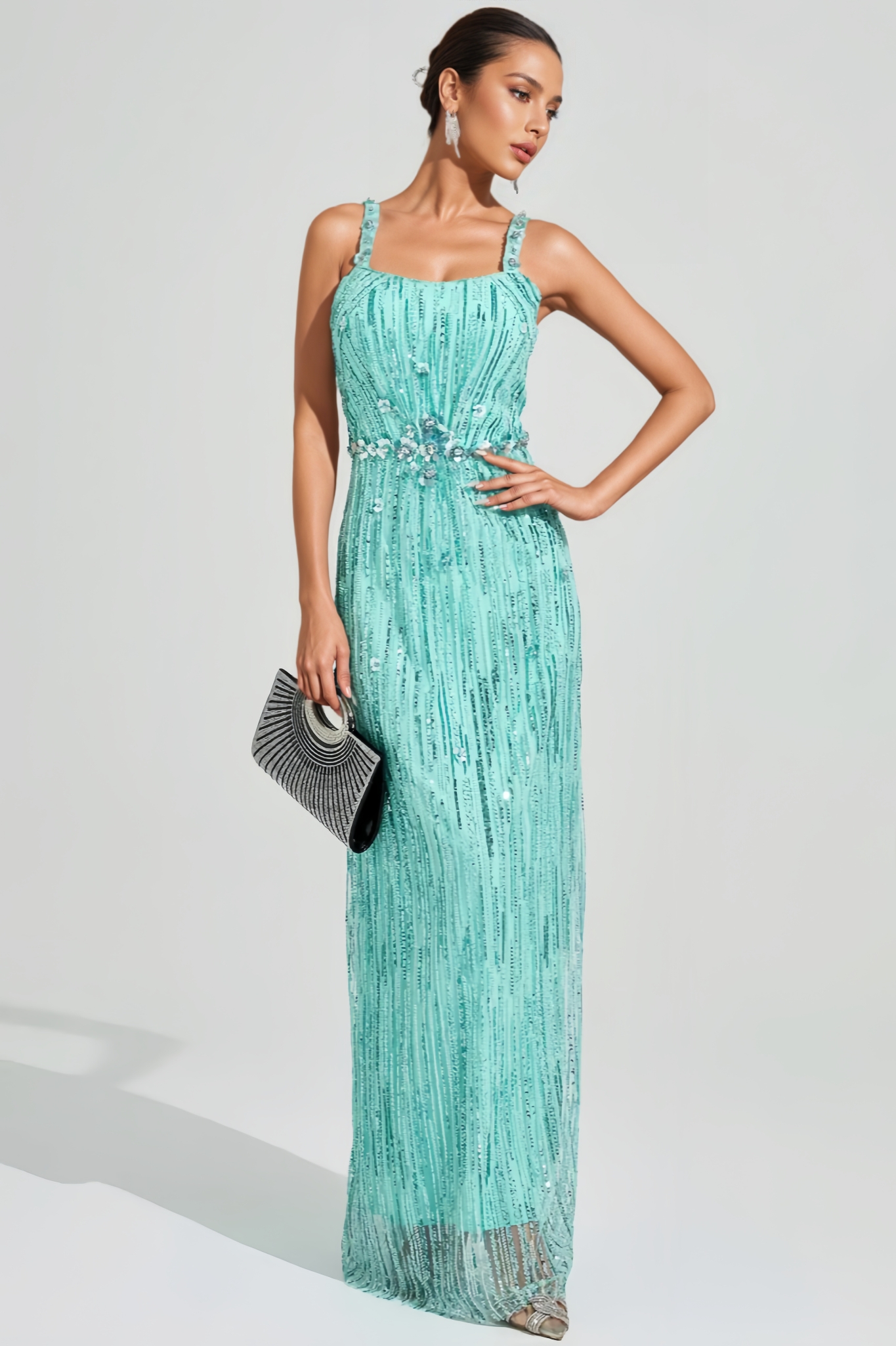 Jrosen Green Halter Sequin Mesh Maxi Dress