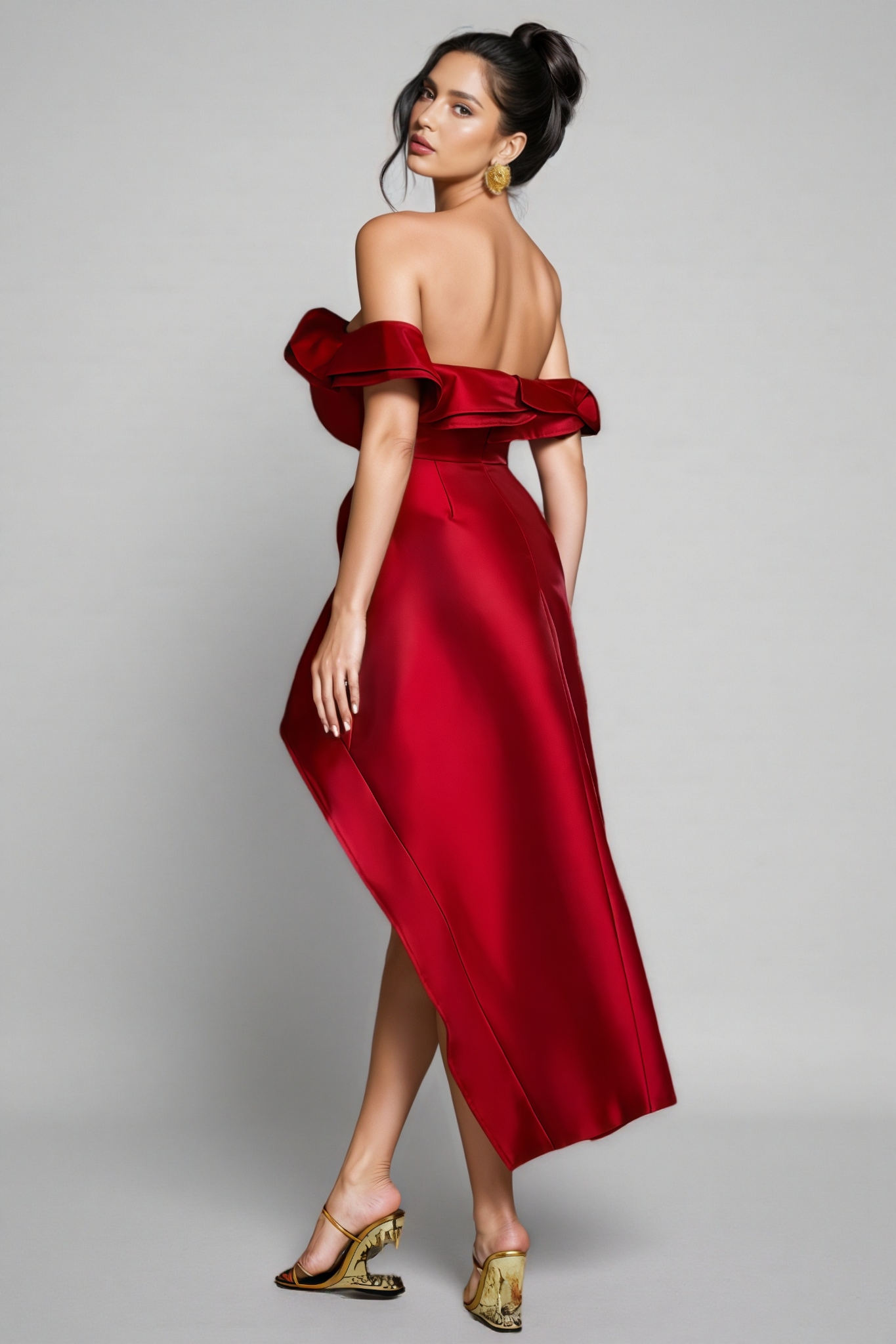 Verney Off Shoulder Asymmetric Midi Dress