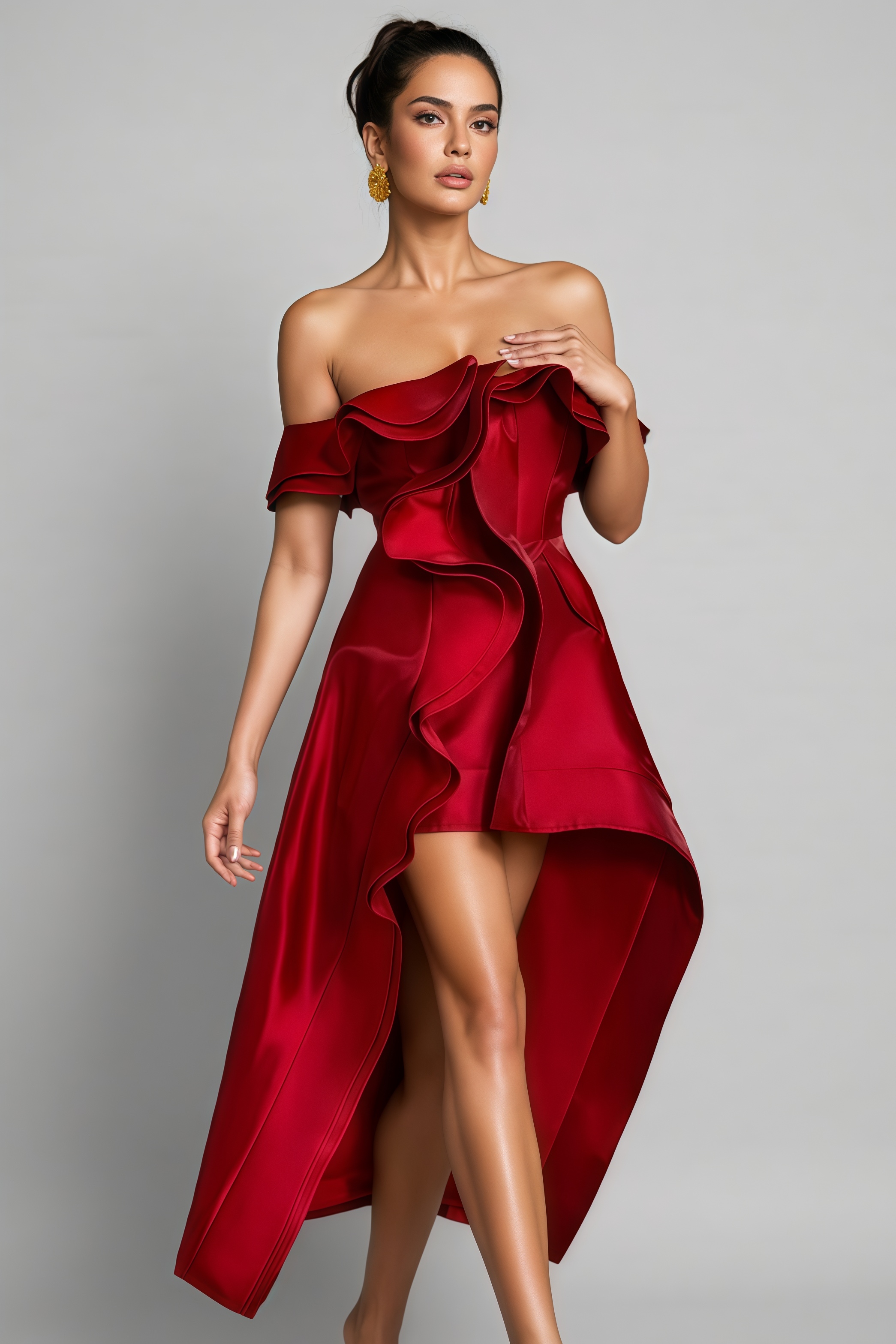 Verney Off Shoulder Asymmetric Midi Dress