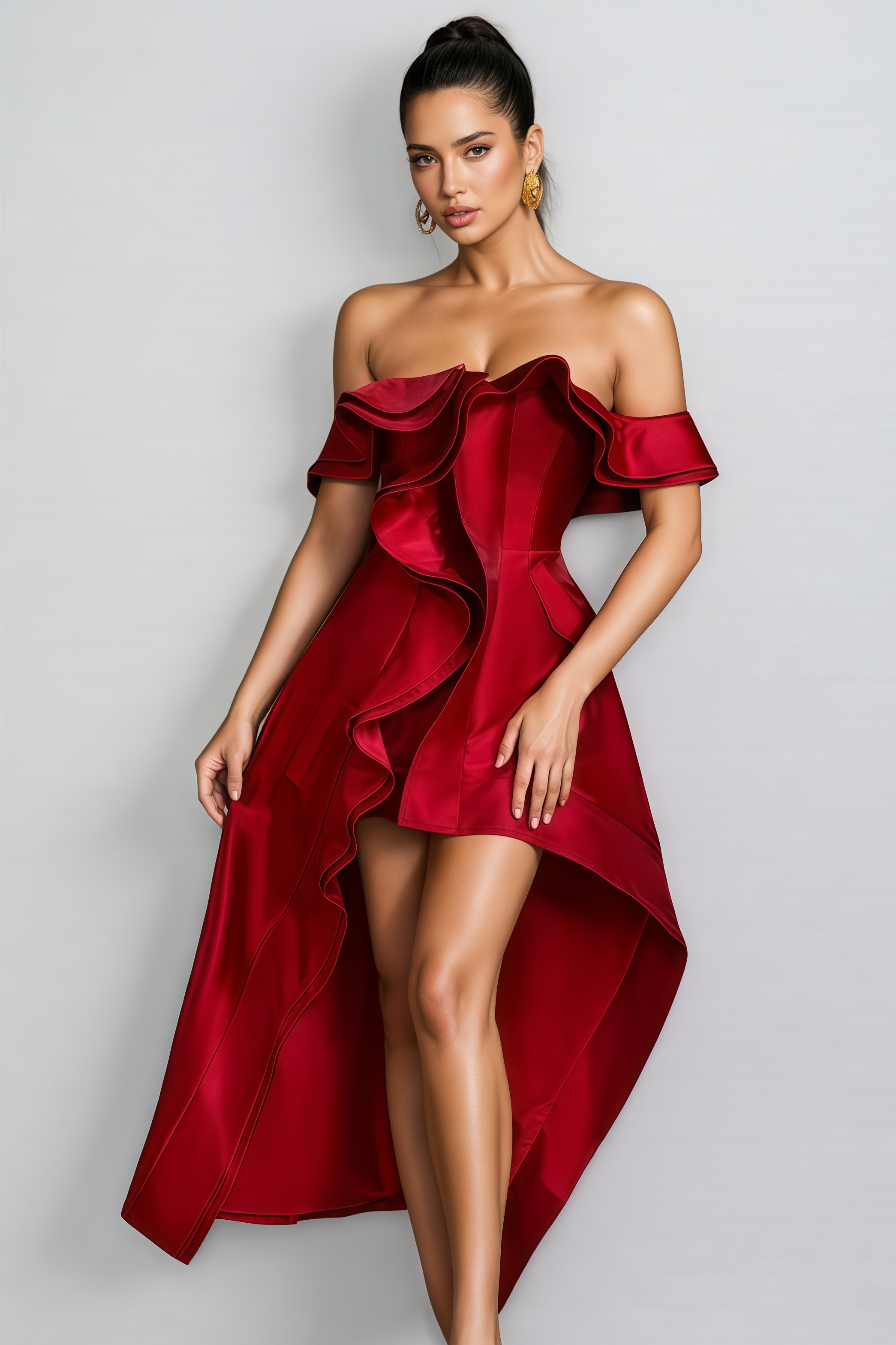 Verney Off Shoulder Asymmetric Midi Dress