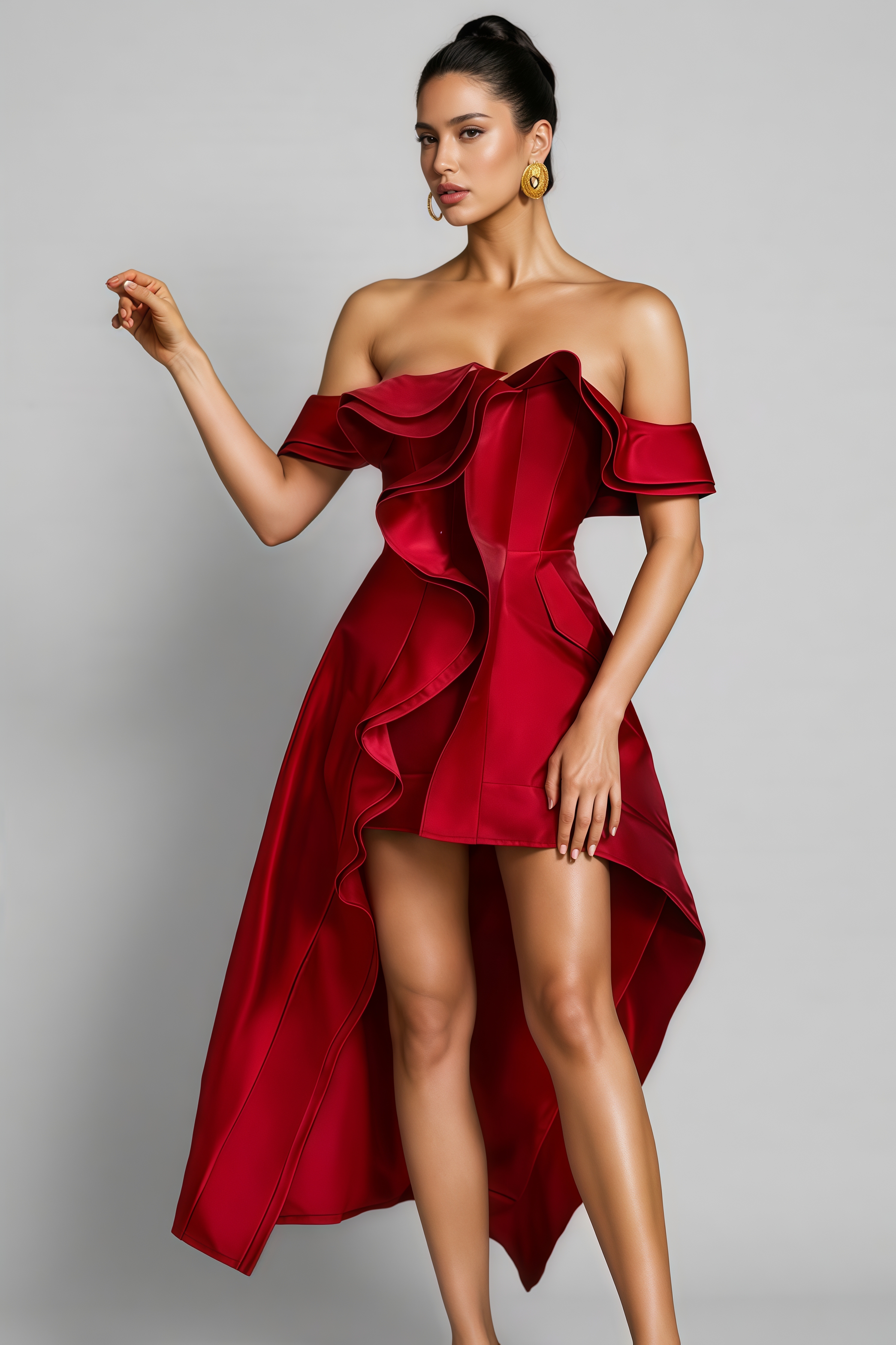 Verney Off Shoulder Asymmetric Midi Dress