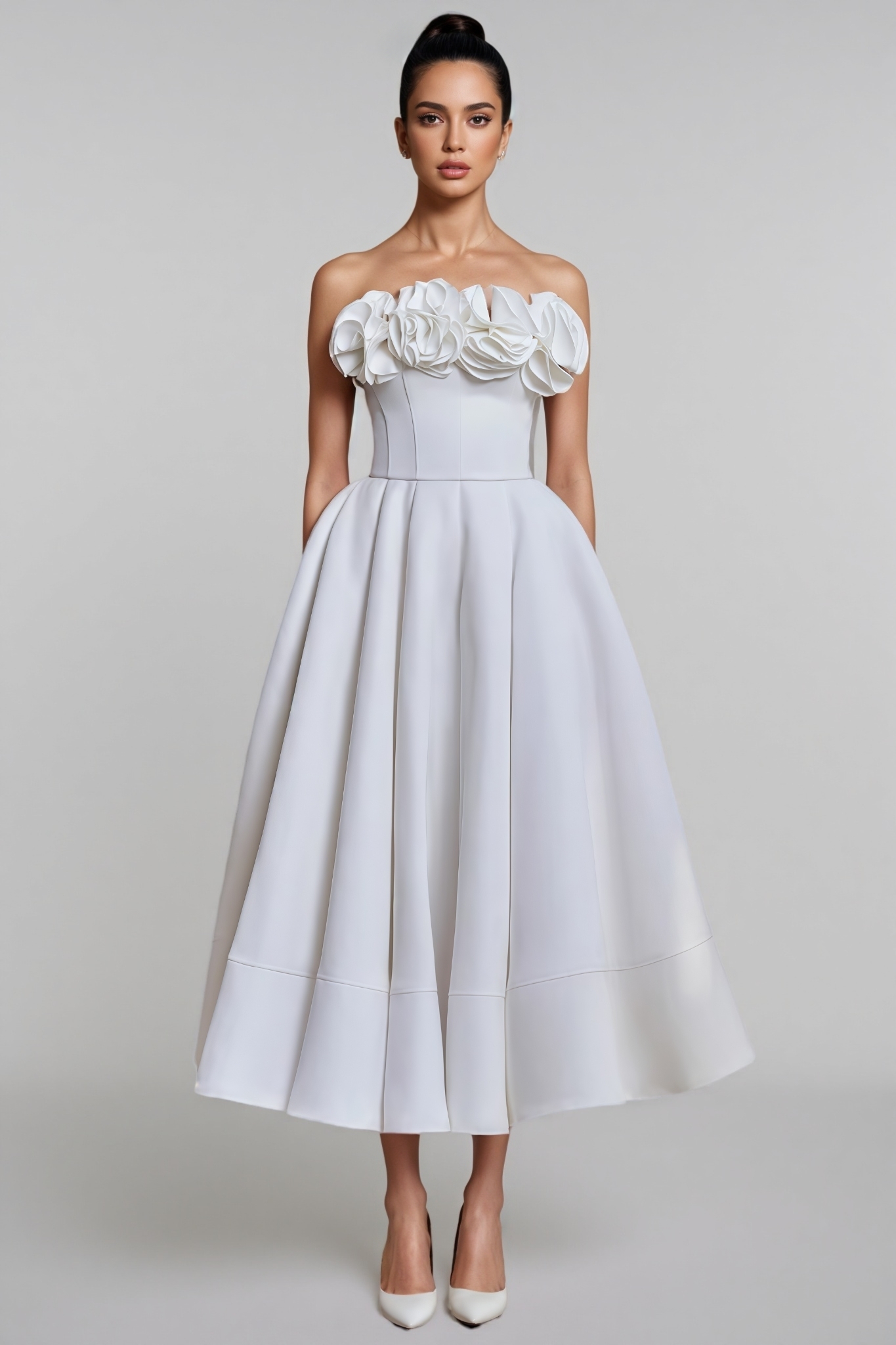 Goldie White 3D Floral Midi Dress