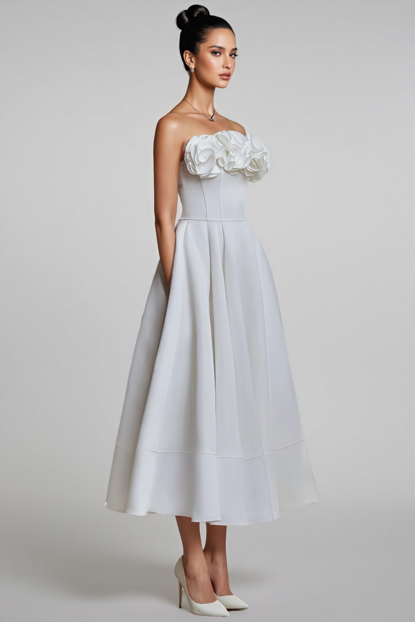 Goldie White 3D Floral Midi Dress