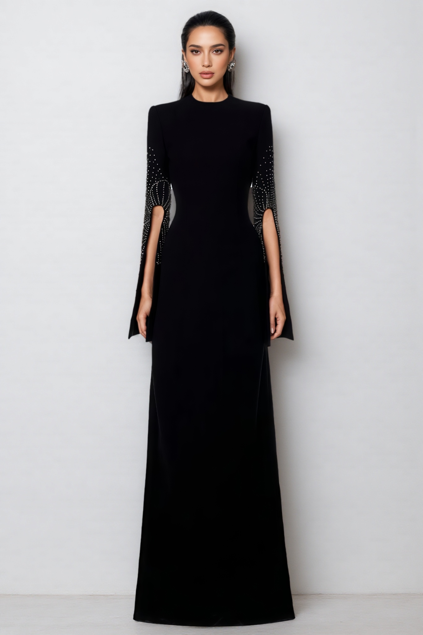 Riza Black Beaded Split Sleeve Maxi Dress