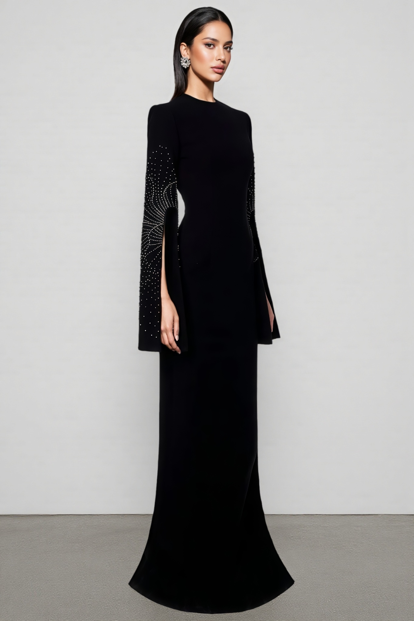 Riza Black Beaded Split Sleeve Maxi Dress