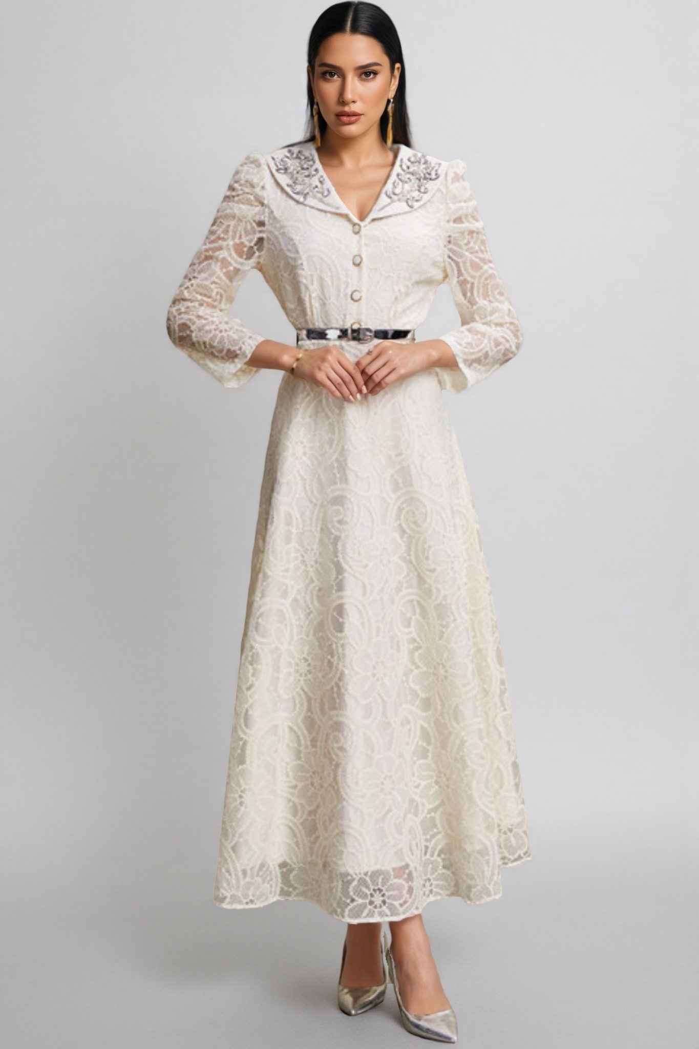 Sareza Long Sleeves Lace Diamond Maxi Dress