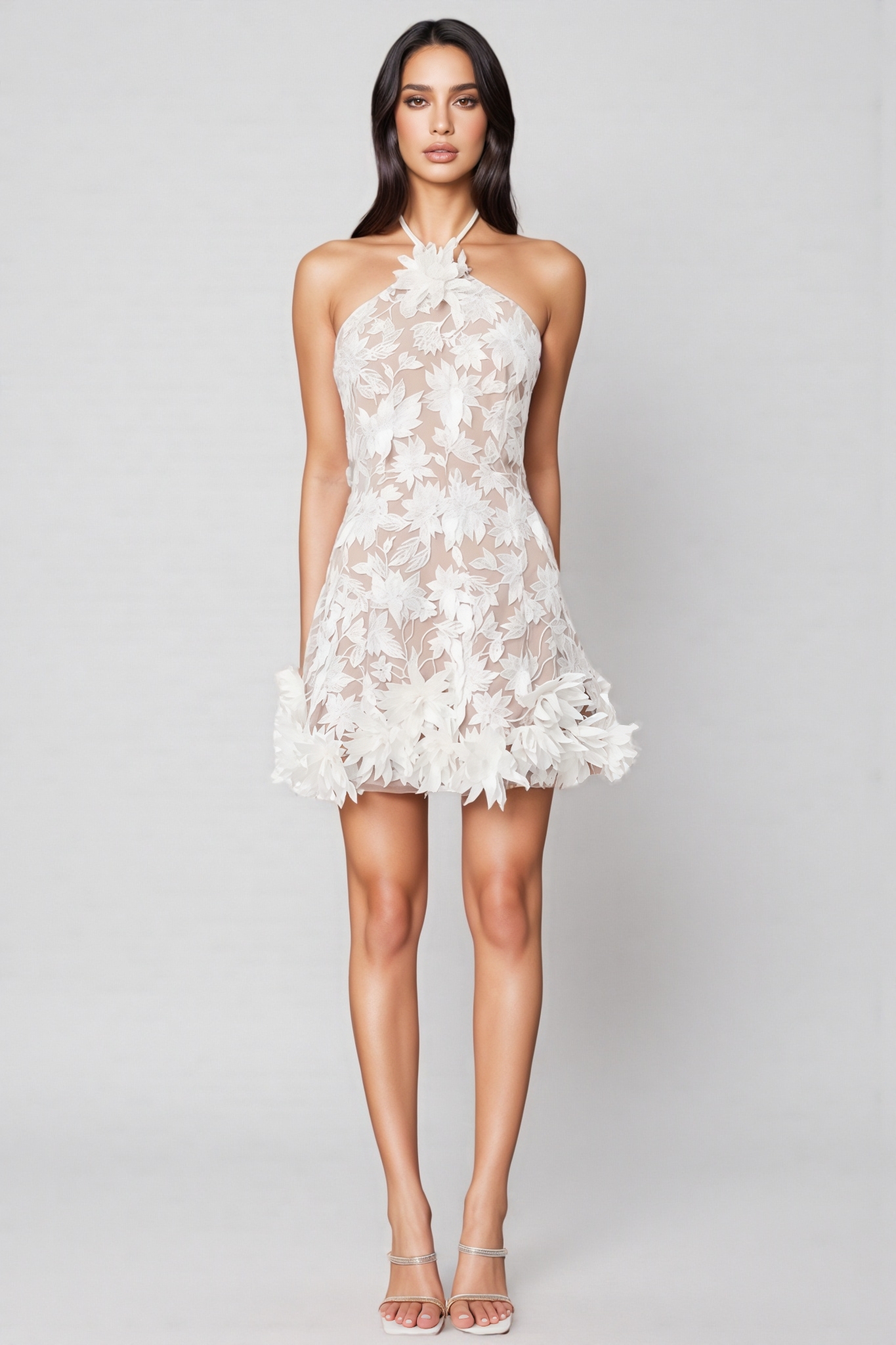 Thallp Mesh Embroidered 3D Flower Mini Dress