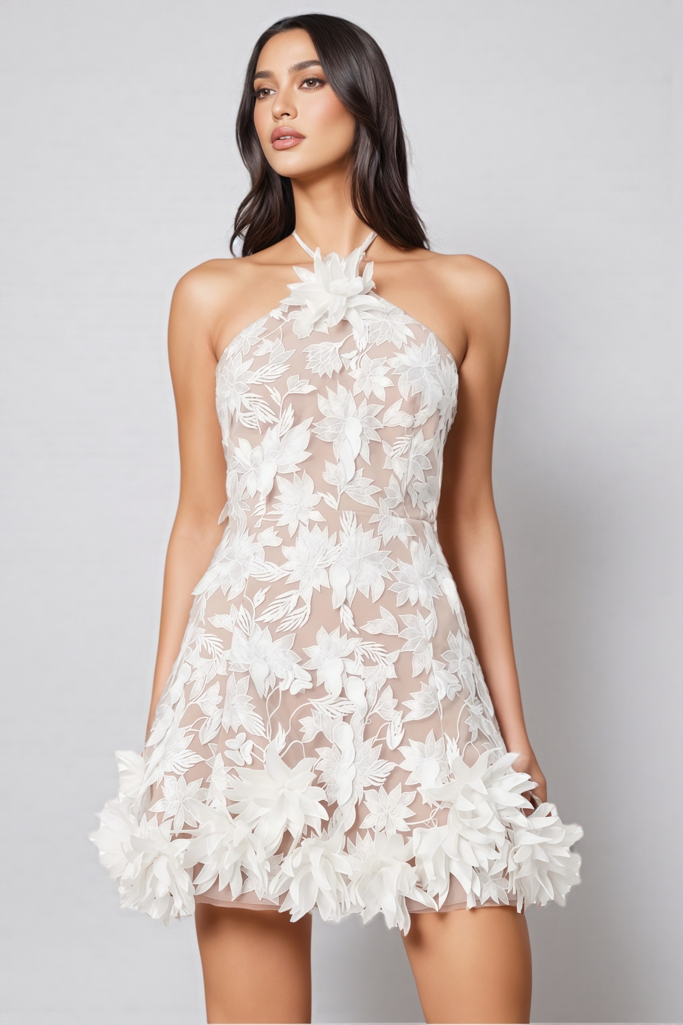 Thallp Mesh Embroidered 3D Flower Mini Dress