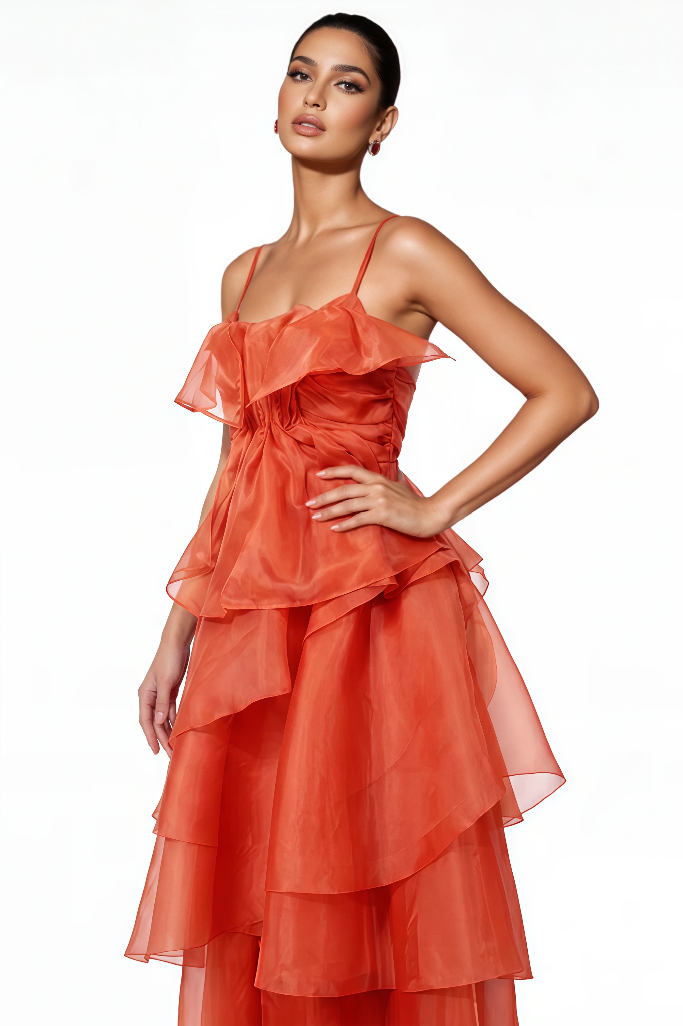 Veldan Red Halter Ruffle Maxi Dress