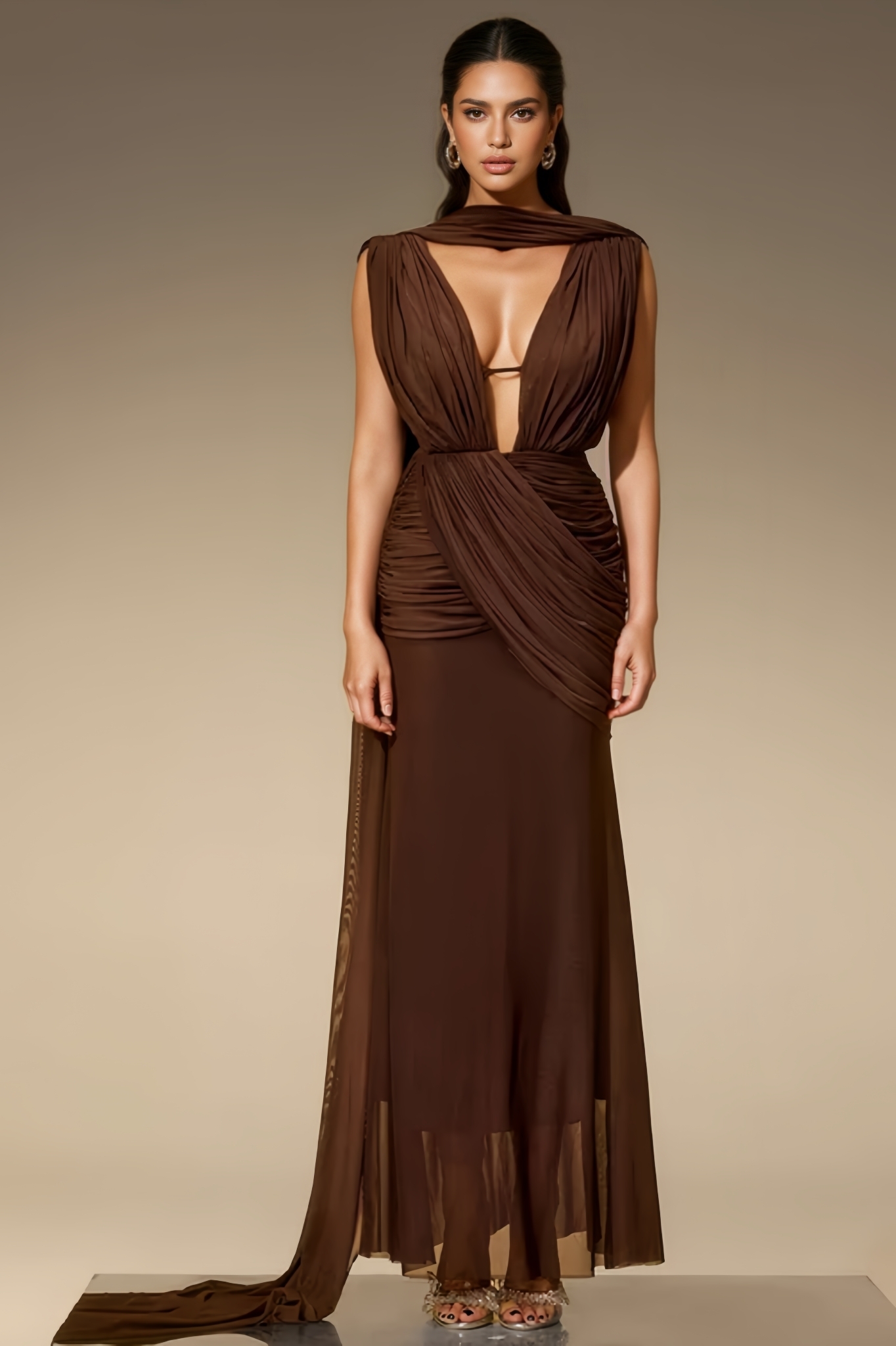Trasper Brown Backless Ruched Maxi Dress