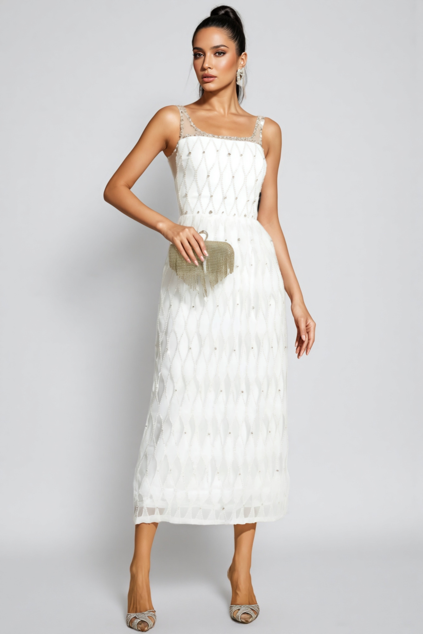 Terrysa White Embellished Slip Midi Dress