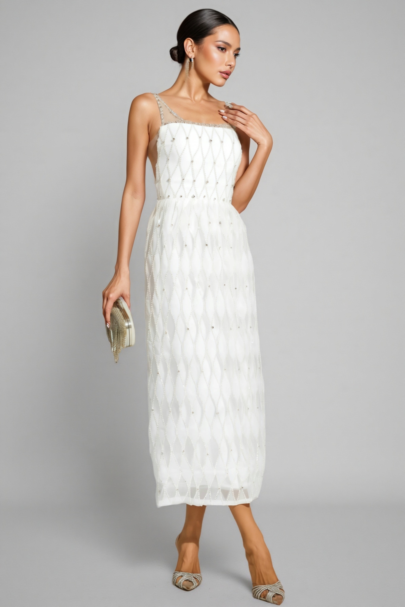 Terrysa White Embellished Slip Midi Dress