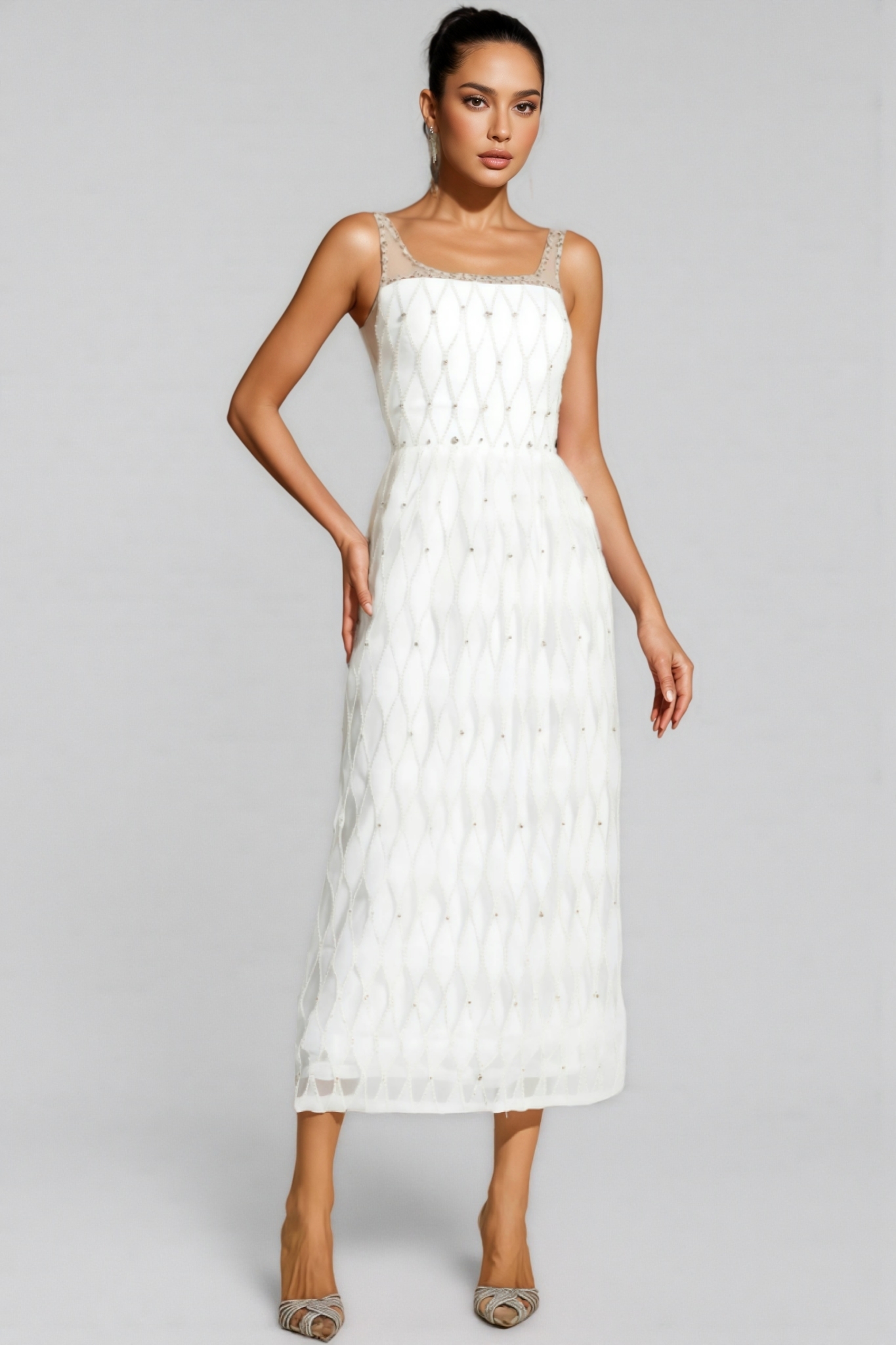 Terrysa White Embellished Slip Midi Dress