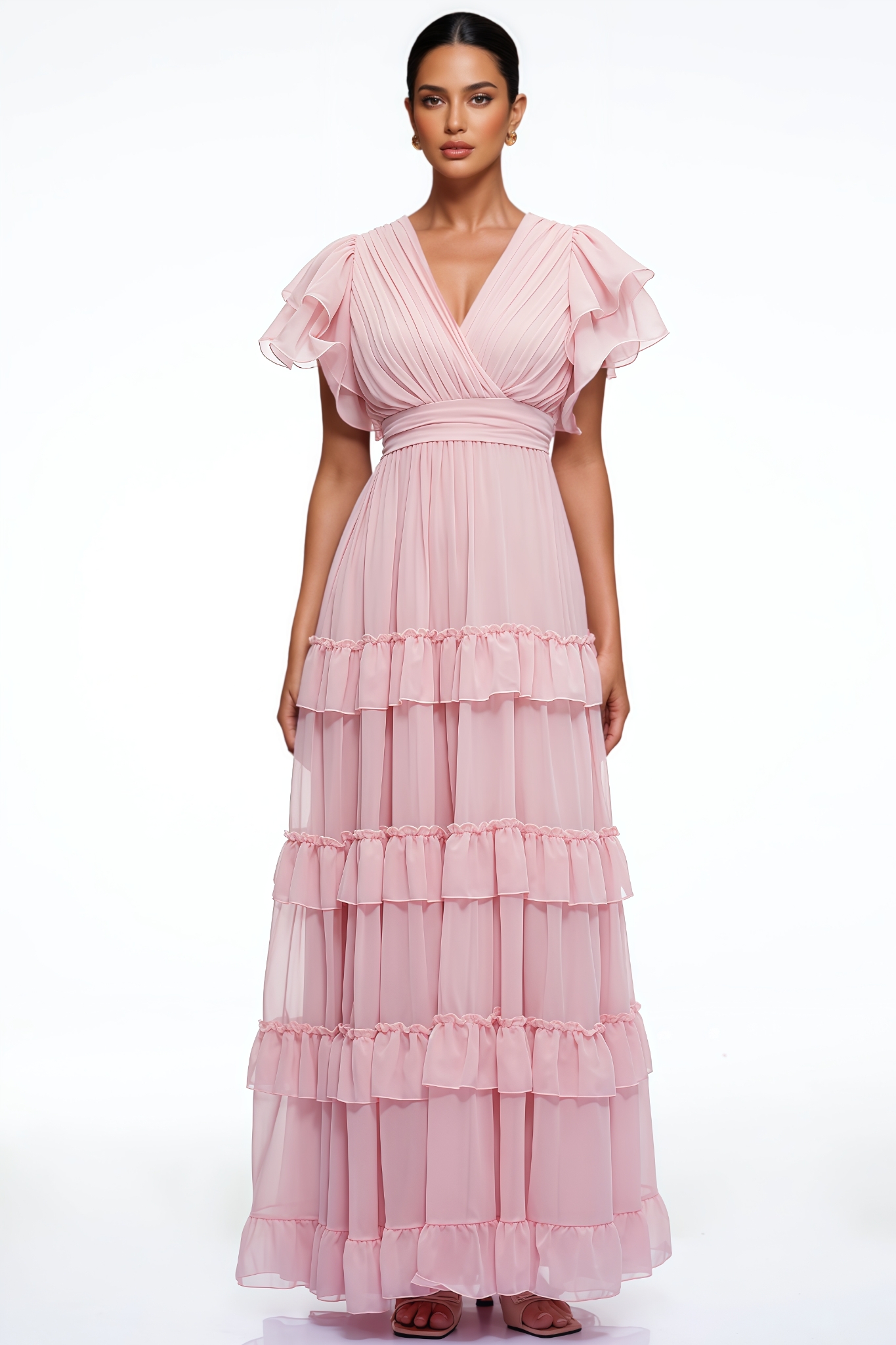 Kordan Pink Short Sleeve Tiered Maxi Dress