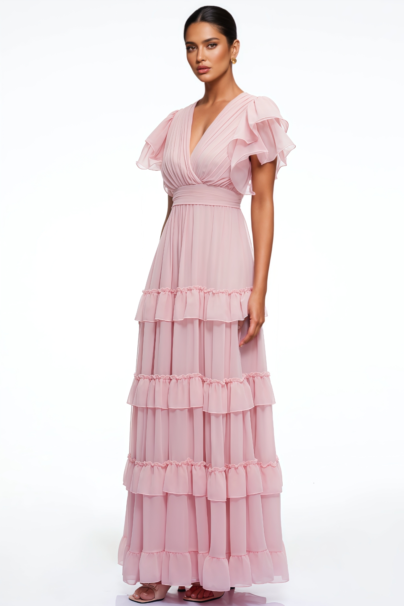 Kordan Pink Short Sleeve Tiered Maxi Dress