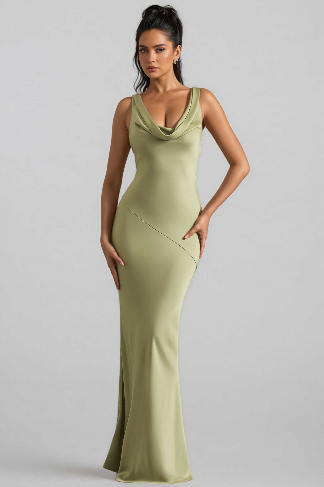 Kovty Light Olive Satin Cowl-Neck Maxi Dress