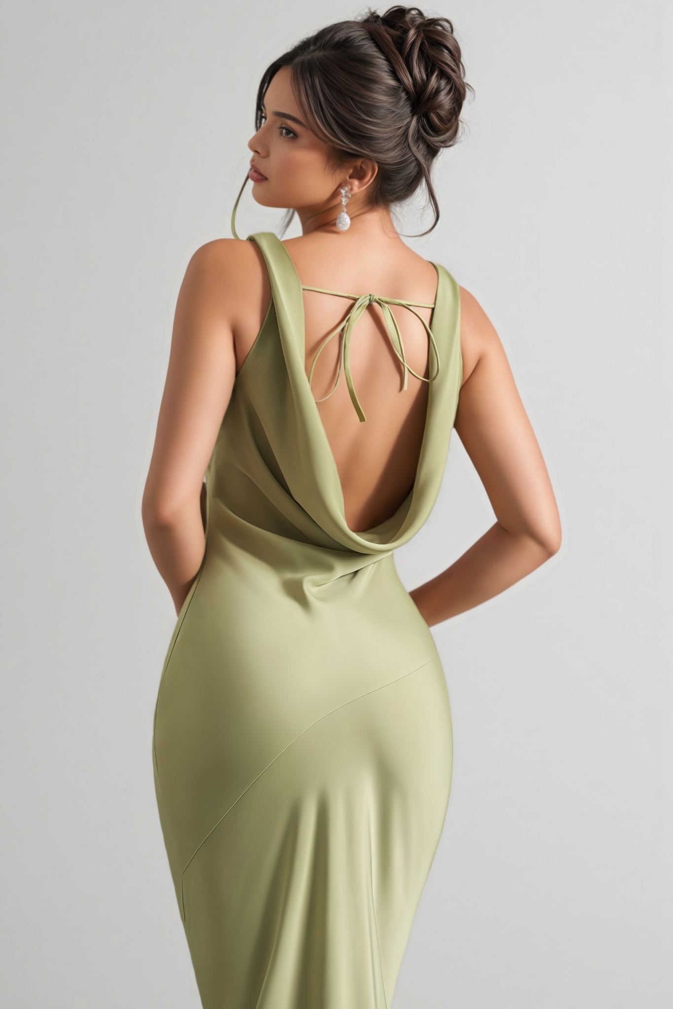 Kovty Light Olive Satin Cowl-Neck Maxi Dress