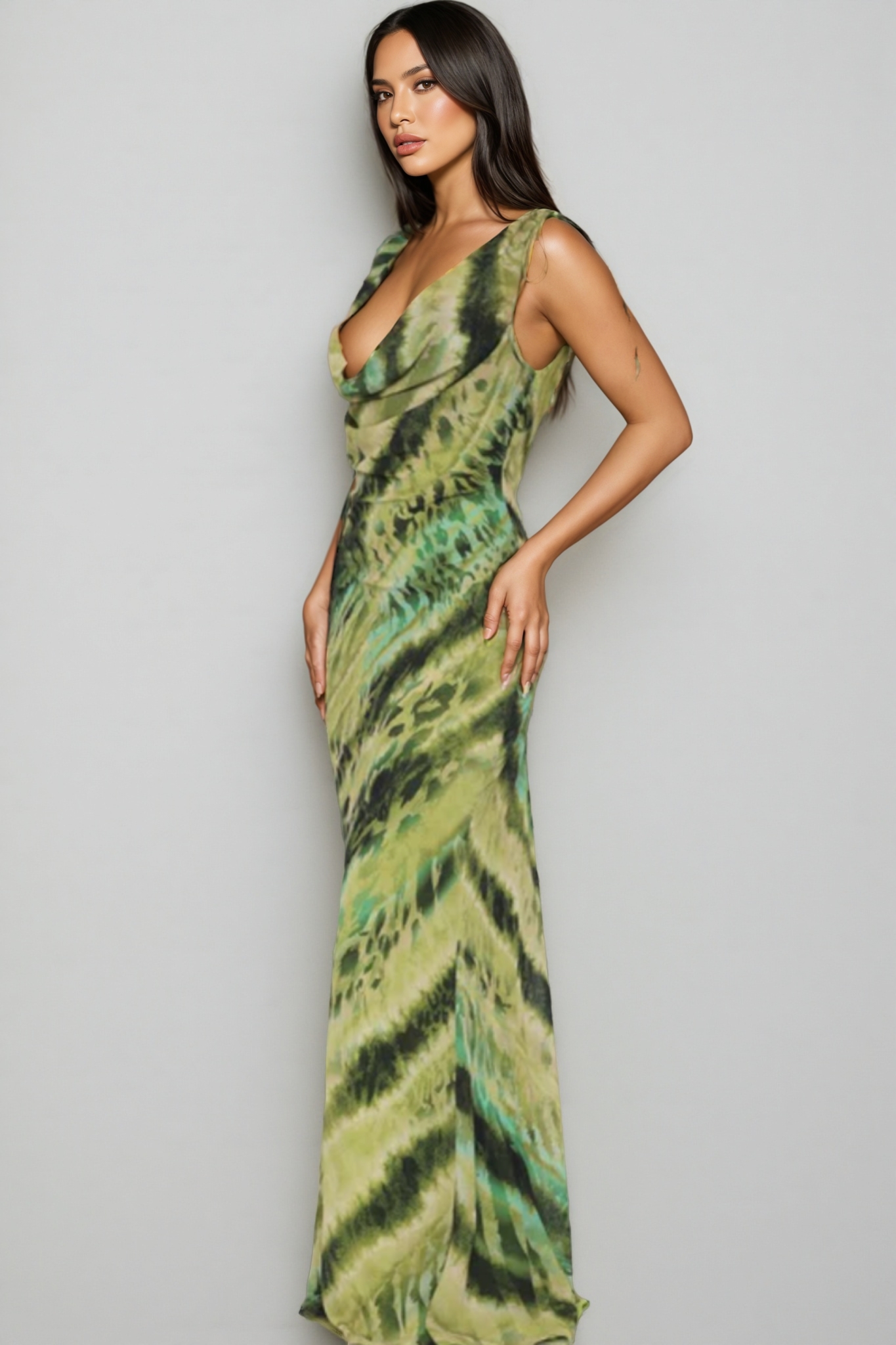 Erika Green Print Deep V Backless Maxi Dress