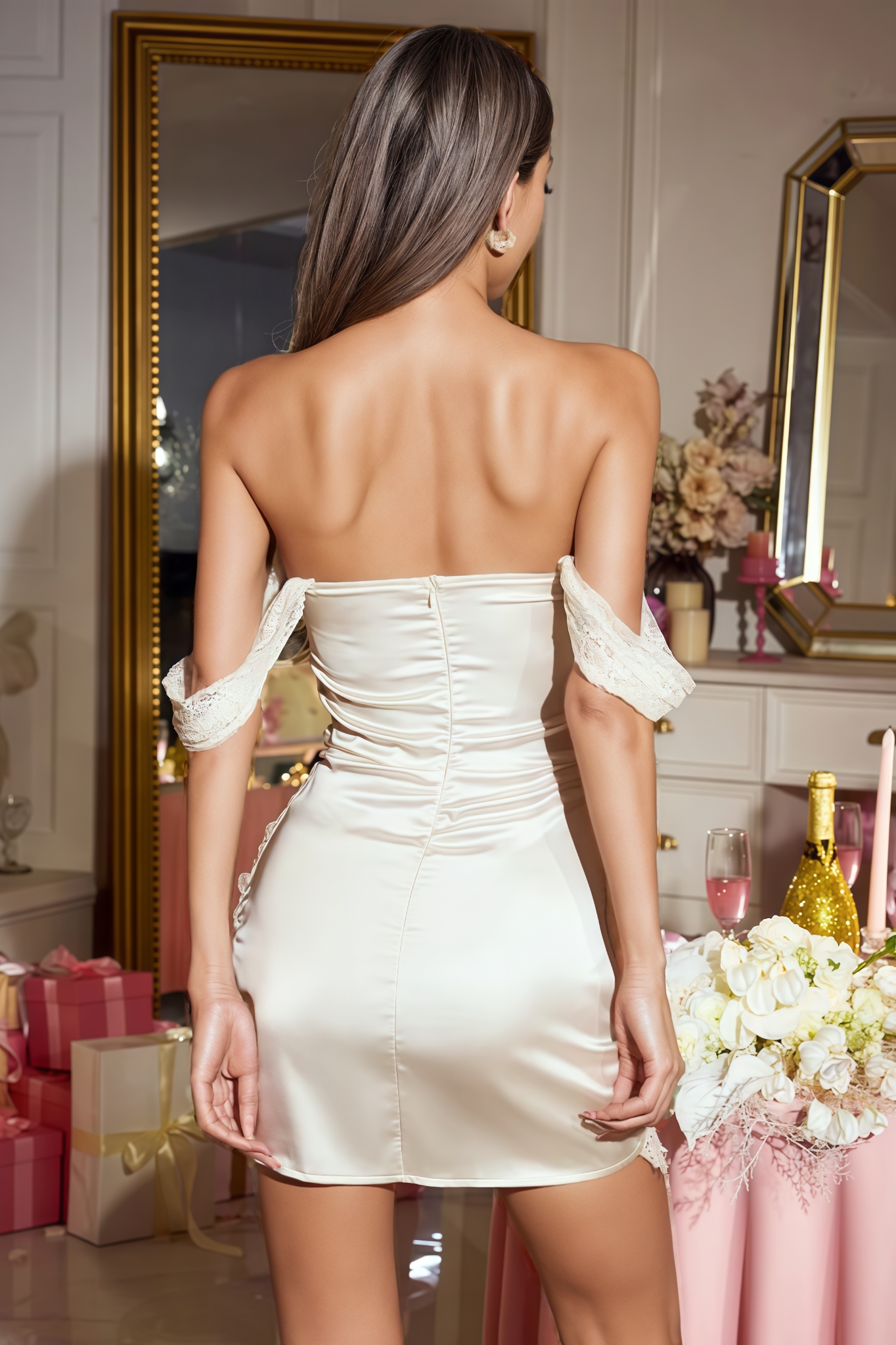 Kinsfly Off Shoulder Lace Sequin Mini Dress