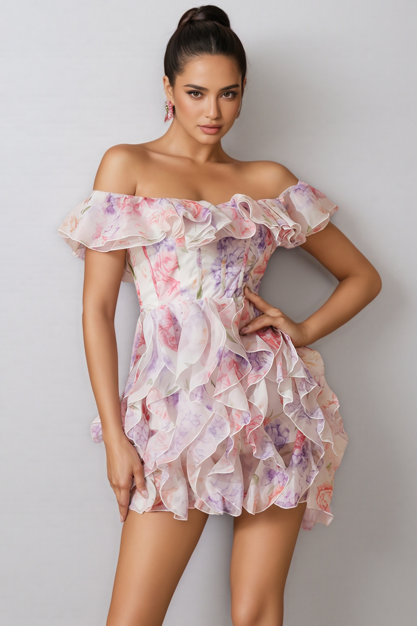 Naiya Off Shoulder Floral Ruffle Mini Dress