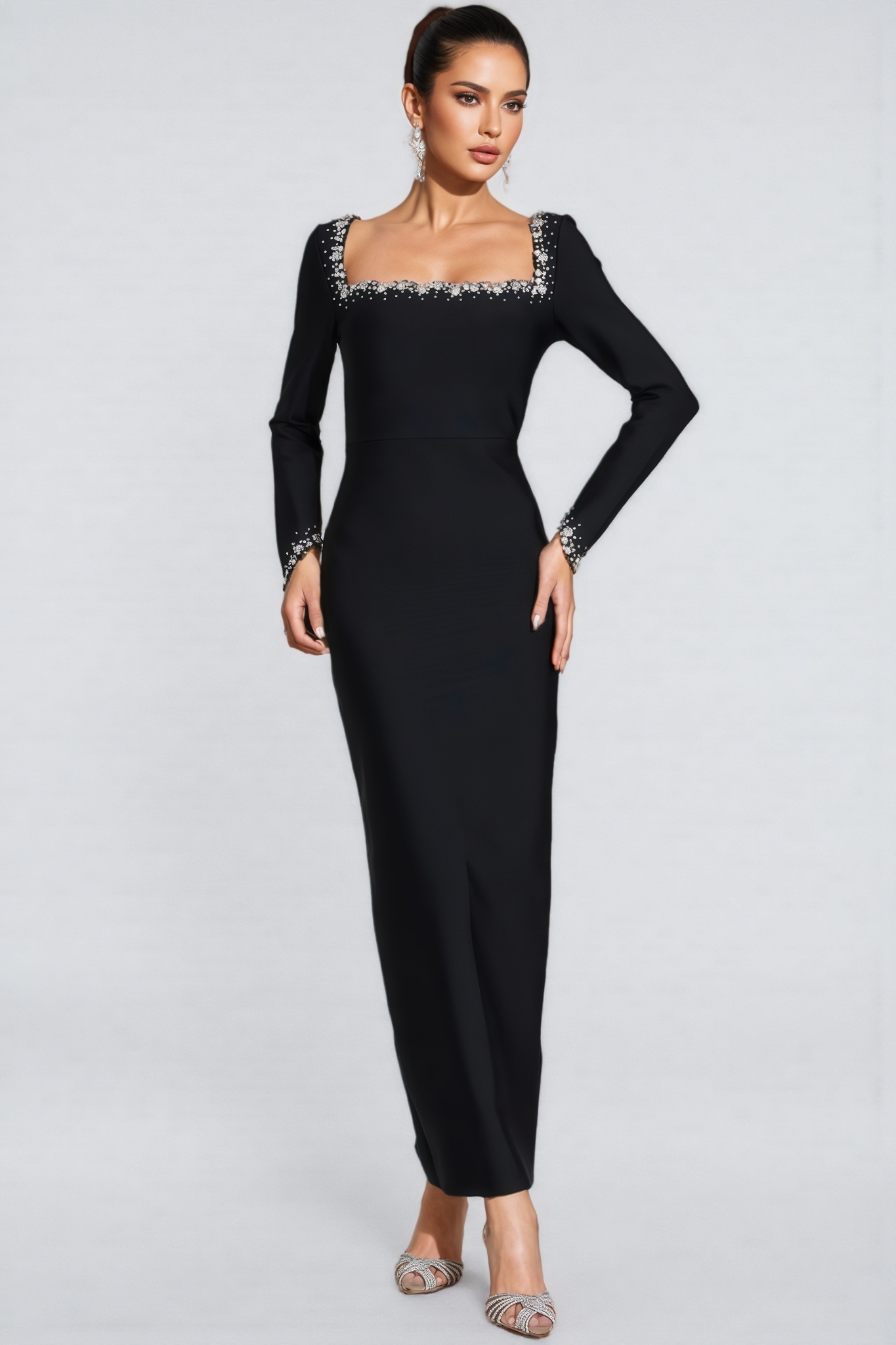 Fion Black Long Sleeve Bandage Maxi Dress