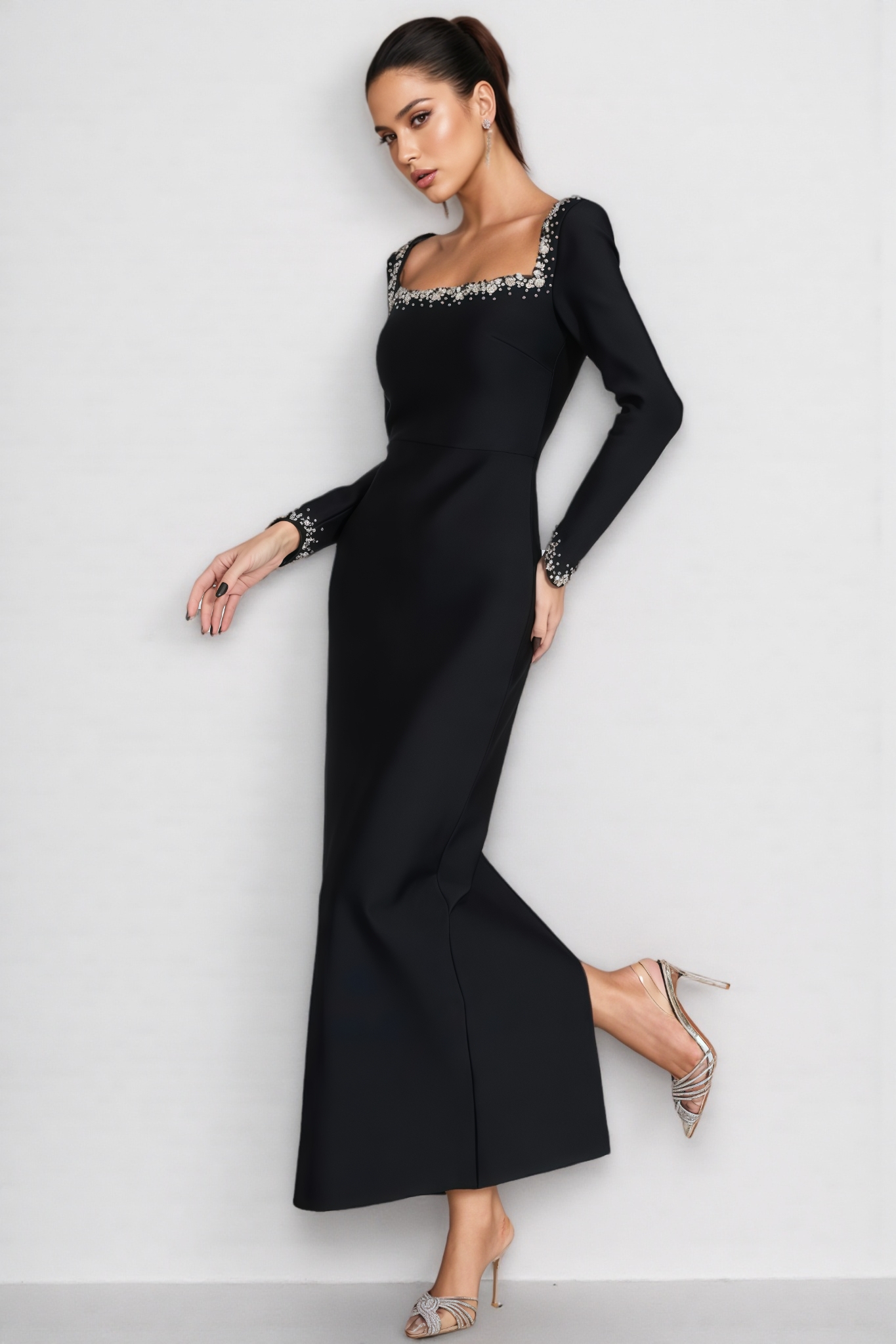 Fion Black Long Sleeve Bandage Maxi Dress