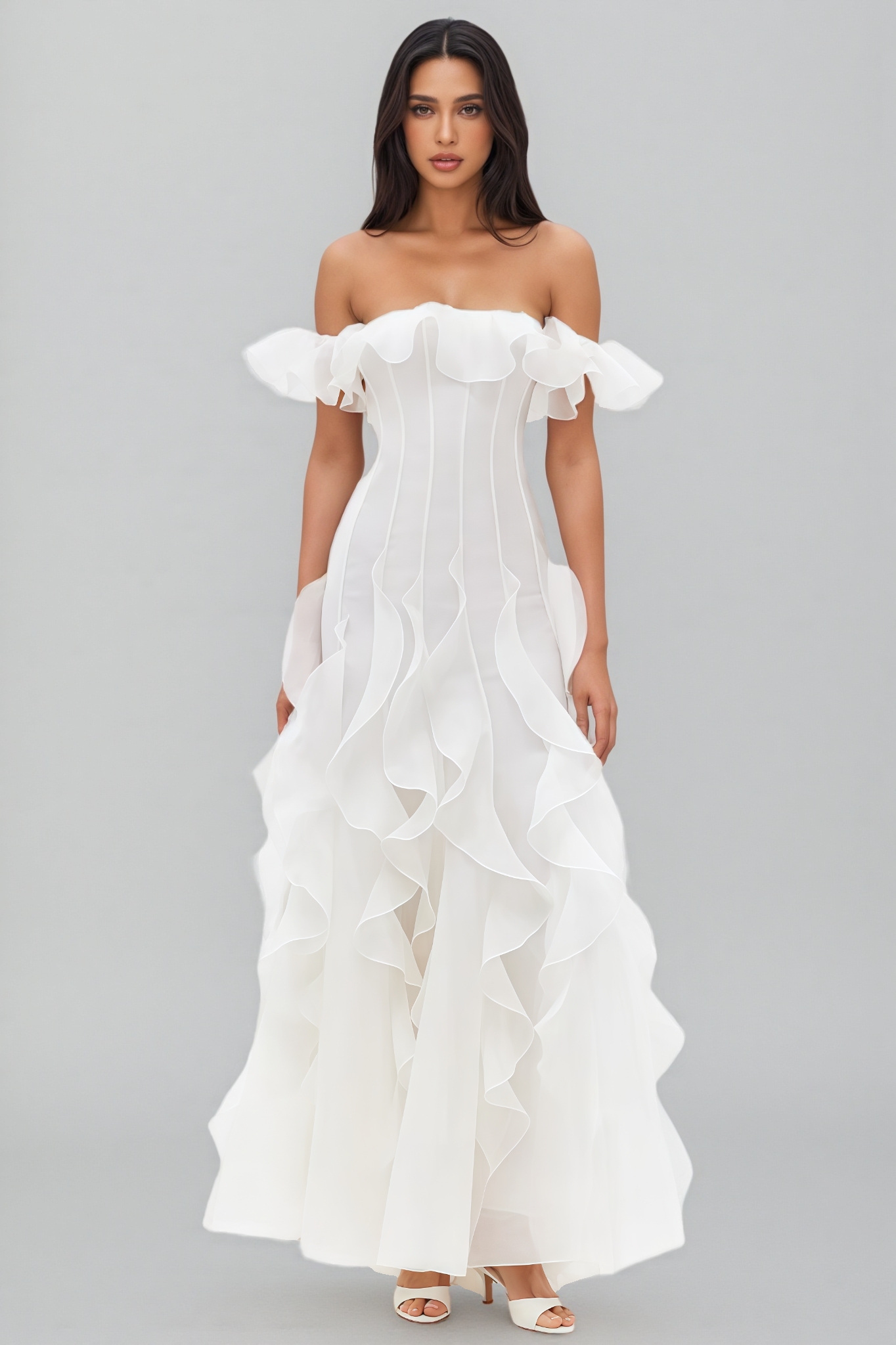 Yvera White Strapless Ruffled Maxi Dress