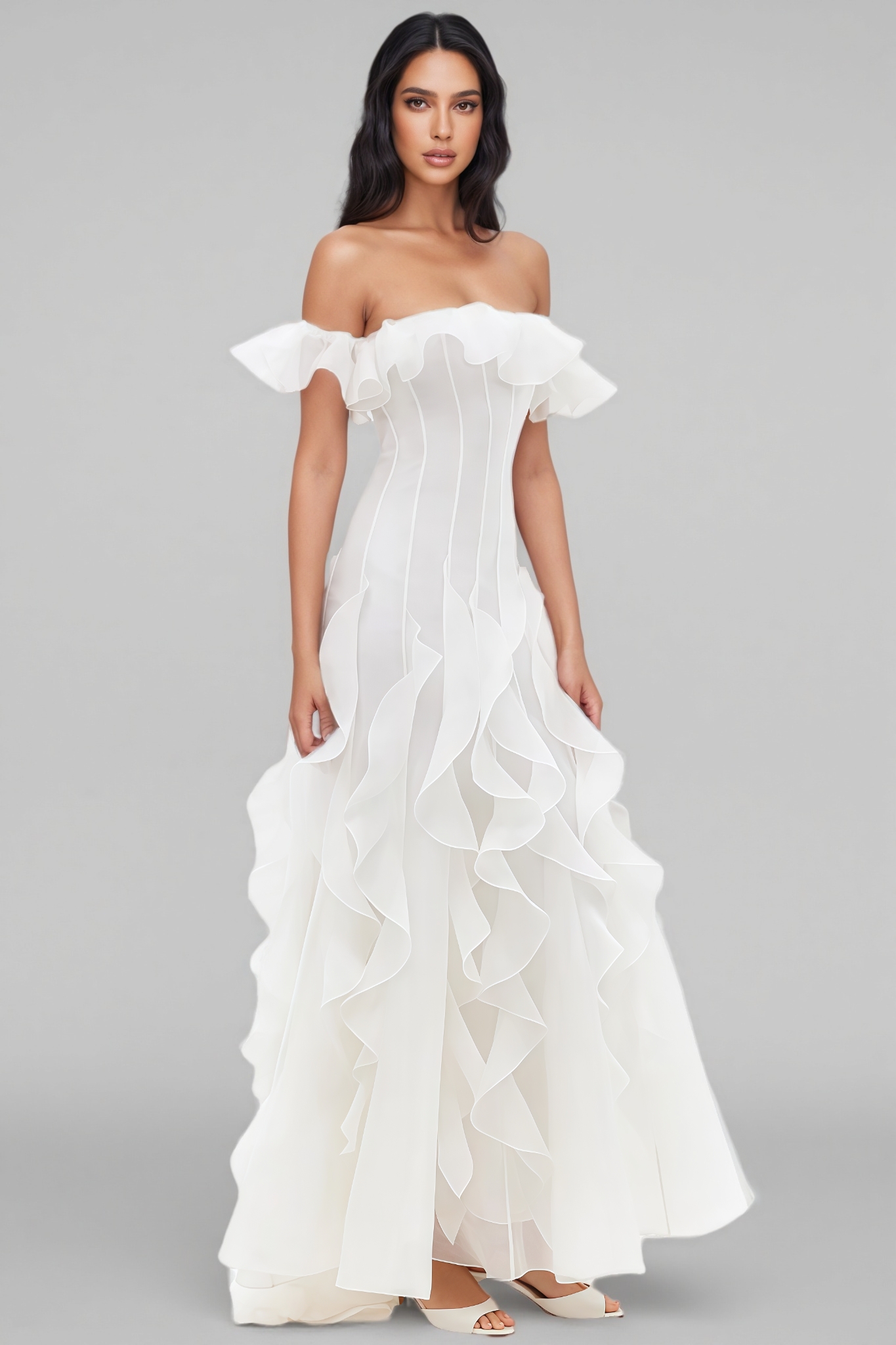 Yvera White Strapless Ruffled Maxi Dress