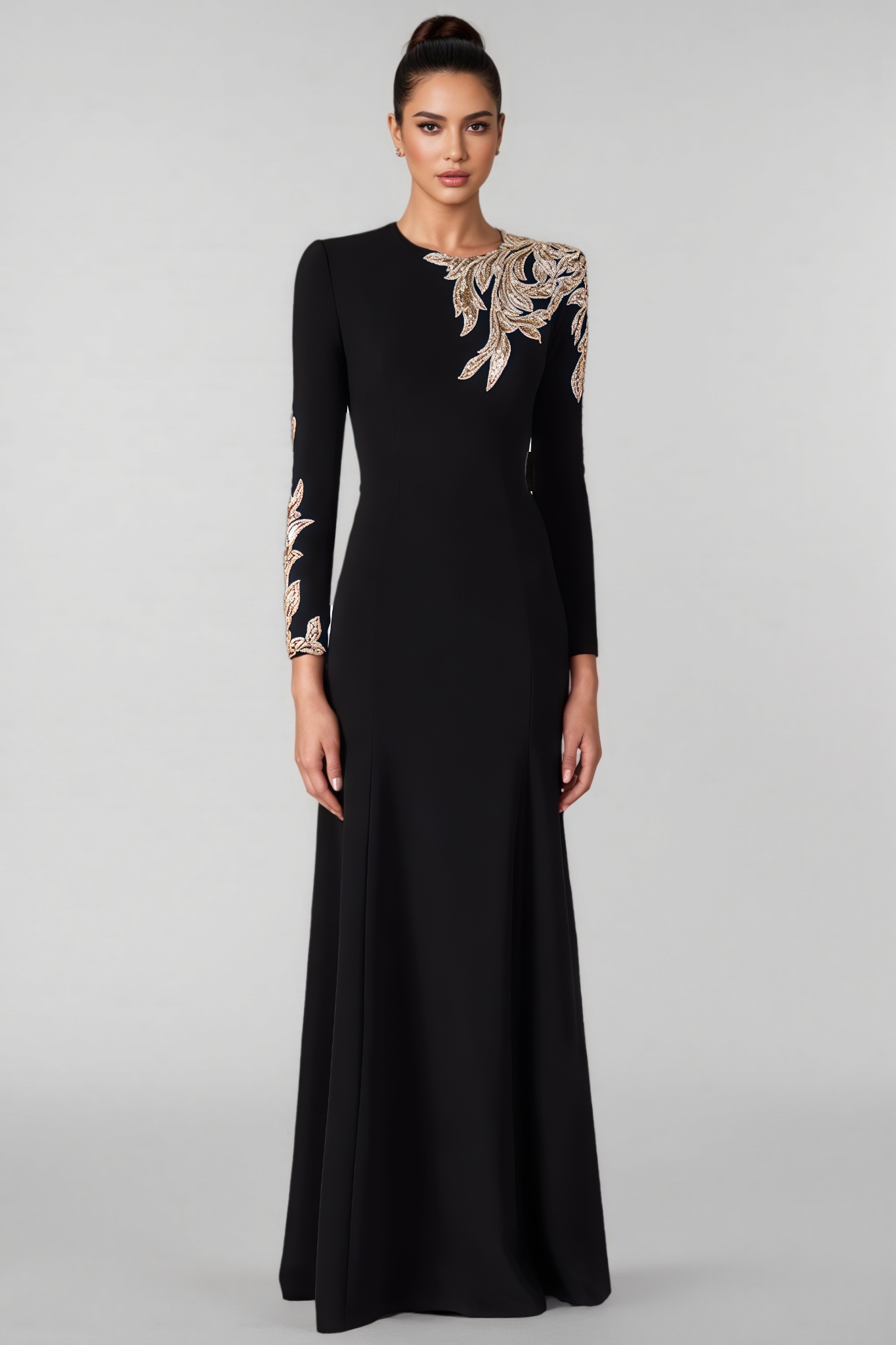Ona Black Long Sleeve Diamond Studded Maxi Dress