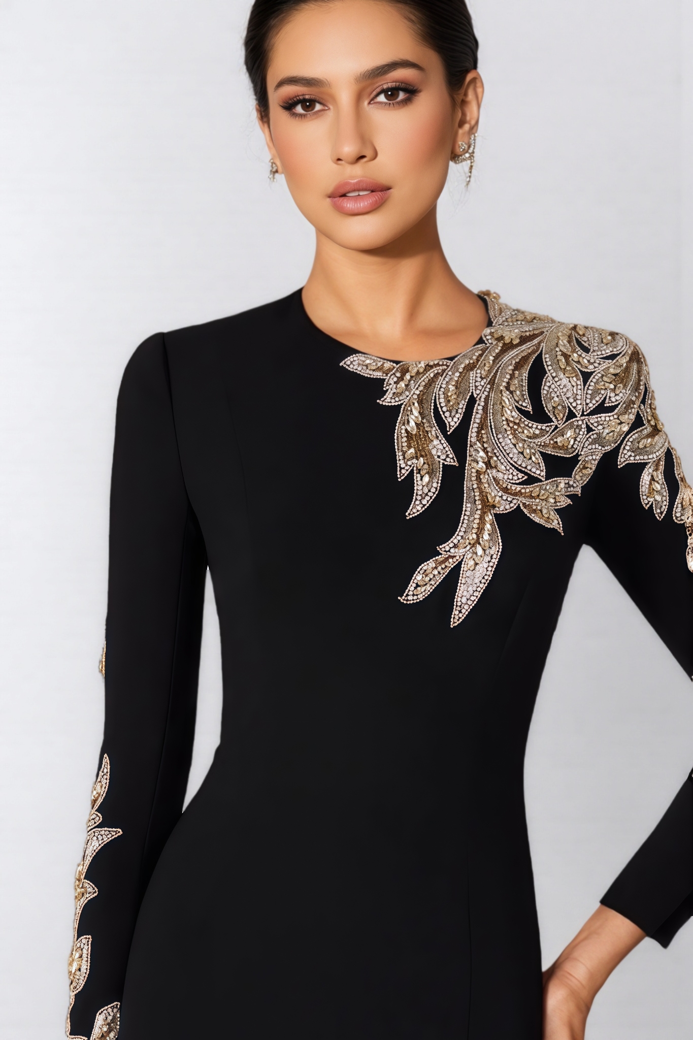 Ona Black Long Sleeve Diamond Studded Maxi Dress
