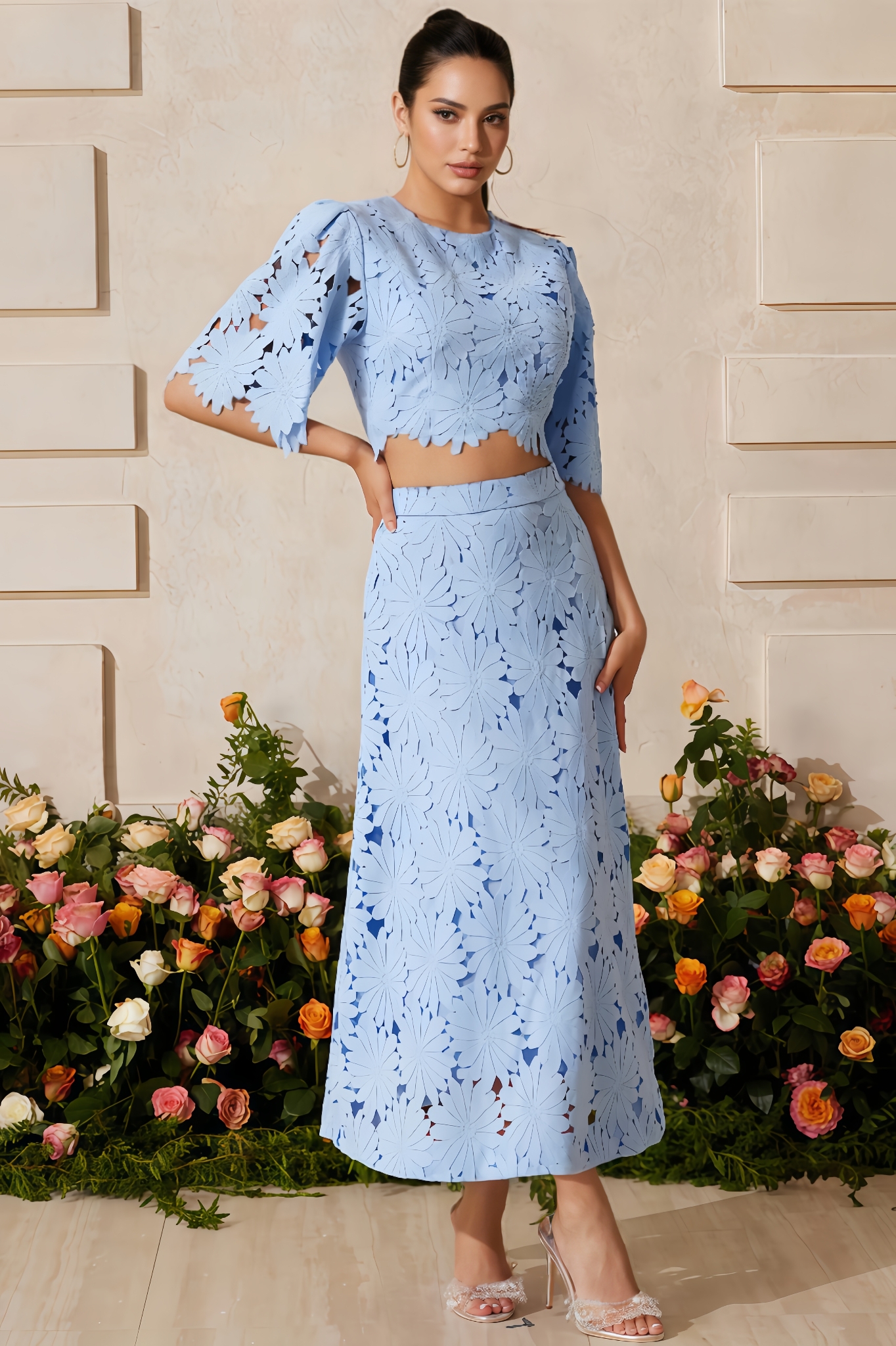 Adrian Blue Round Neck Floral Maxi Dress Set