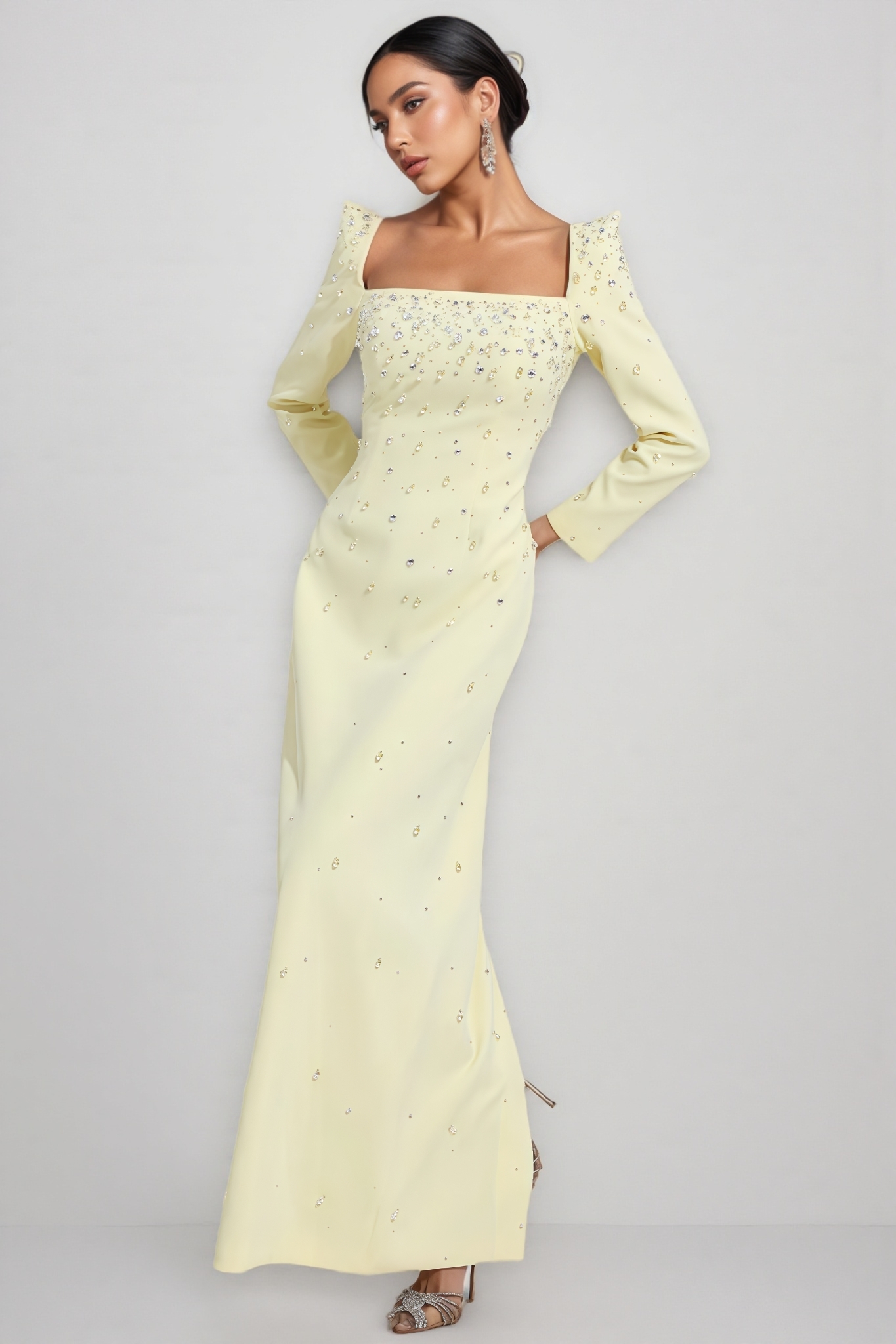 Pamedy Yellow Diamonds Beaded Maxi Dress 