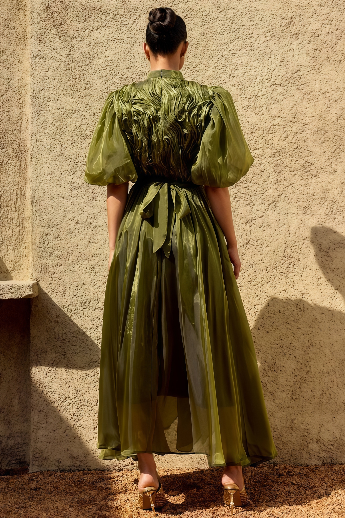 Allan Green Puff Sleeve Ruffle Maxi Dress
